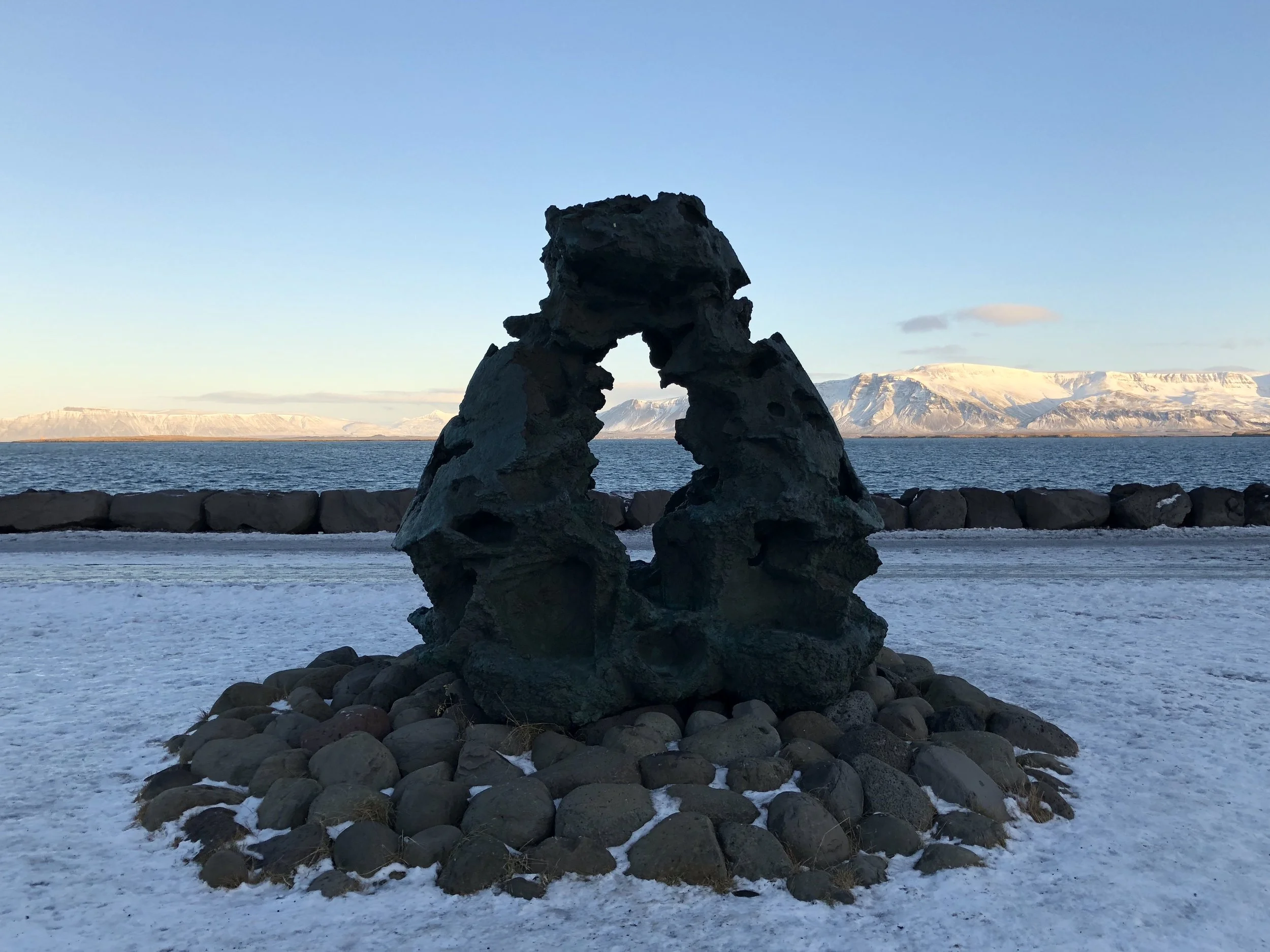 Stone sculpture on the Reykjavík sea front, Iceland, November 2017