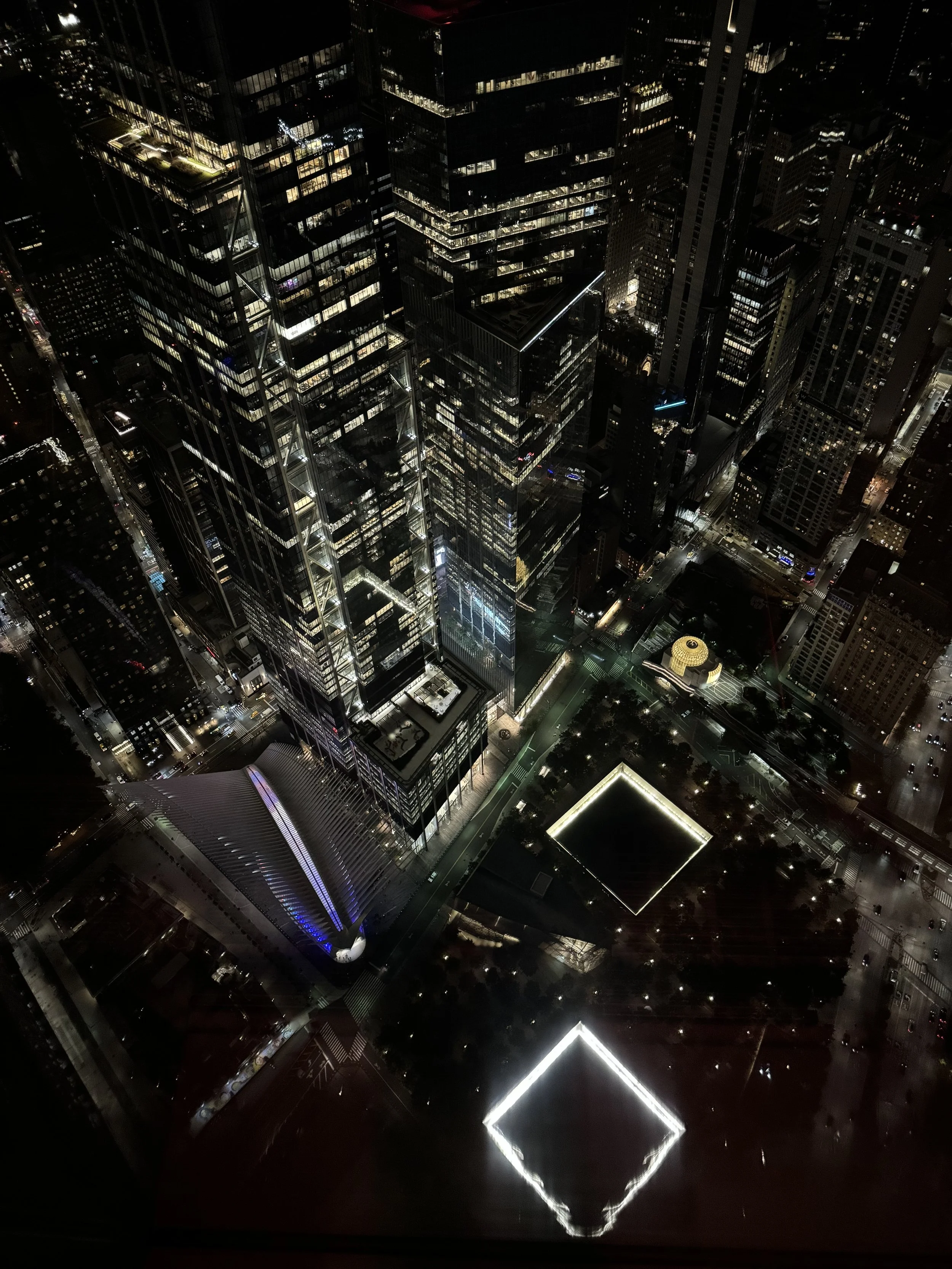 View of 9/11 Memorial and Westfield World Trade Center from One World Observatory, NYC, September 2024