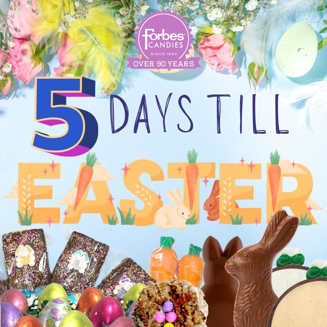 Only 5 days left until Easter! 🌼 Do you have everything you need for your Easter celebrations? You can still order your Forbes Candies treats for pickup at one of our locations: https://www.forbescandies.com/our-locations-1.
#ForbesCandies #shoploca