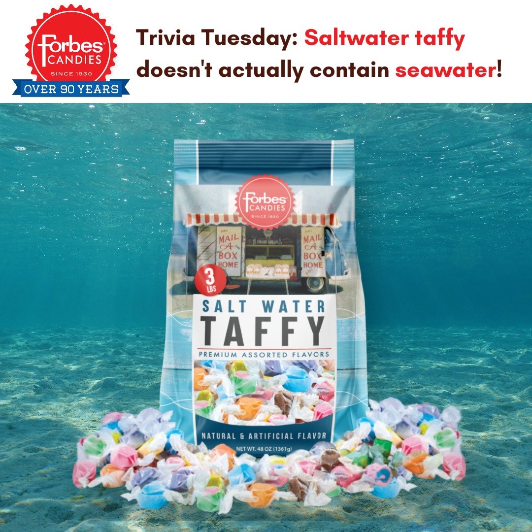 Fun Fact: Despite its name, saltwater taffy doesn't actually contain seawater! The name comes from a joke made by a candy shop owner after his shop was flooded by the ocean. 🌊😄 #TriviaTuesday #SweetFacts  #ForbesCandies #shoplocal #HandmadeSweets #