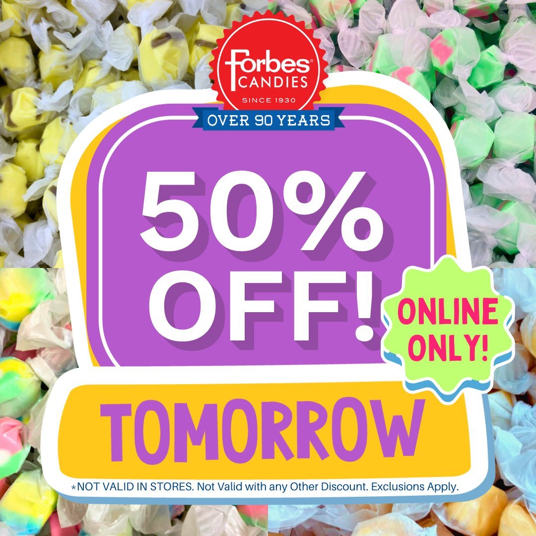 Tomorrow, we're celebrating National Taffy Day with a sweet sale! 🎉 For one day only, 5/23, we are offering 50% off taffy purchased online.* What flavor will you be ordering?
*NOT VALID IN STORES. Not Valid with any Other Discount. Exclusions Apply.