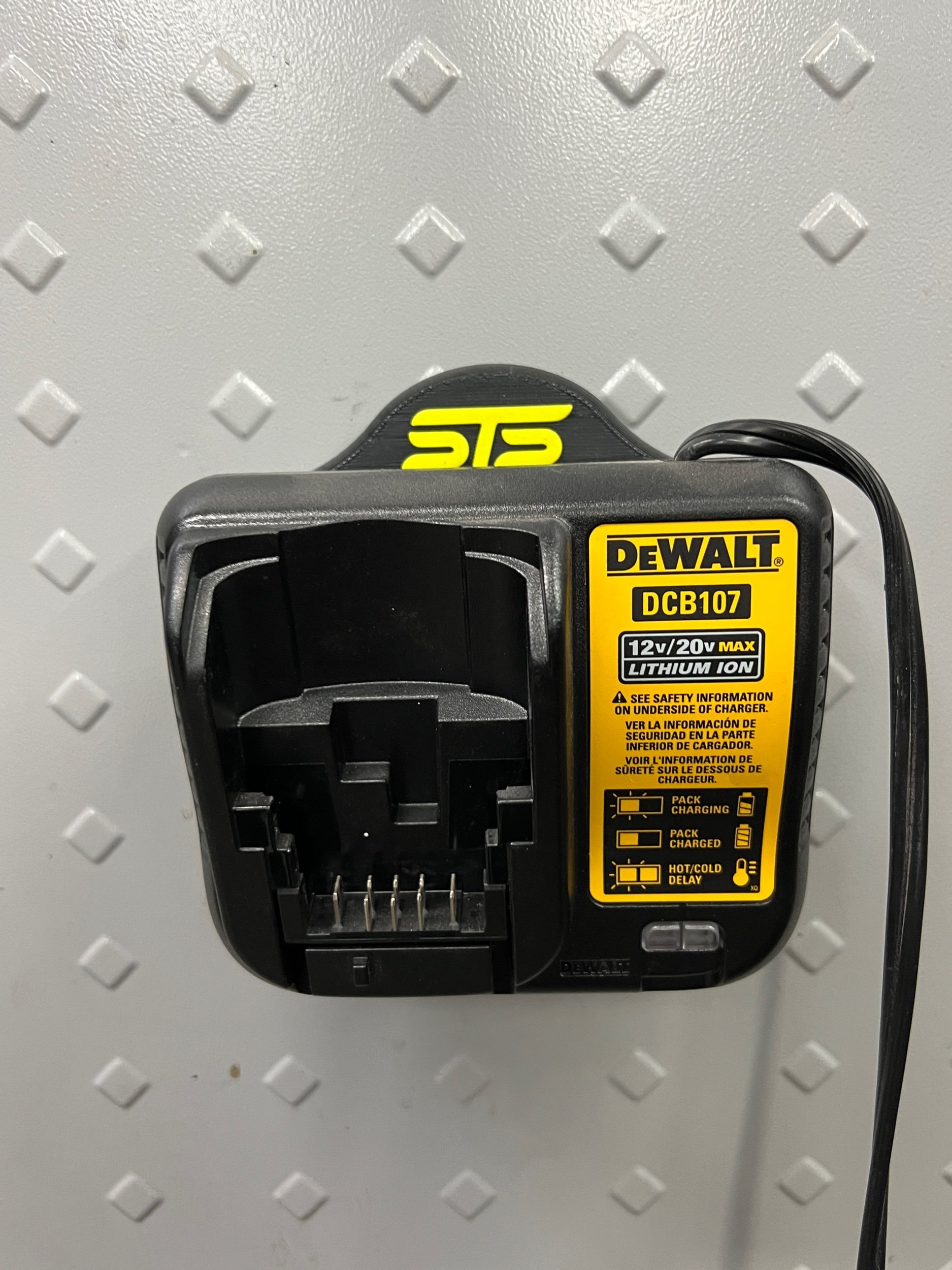 Dewalt CB107 Magnetic Charger Holder mounted on metal surface