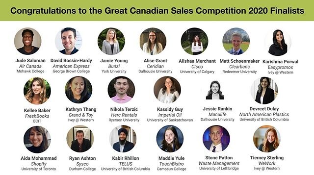 Congratulations to the GCSC 2020 finalists! We have students competing from coast-to-coast (15 schools across 5 provinces). Incredibly well deserved, finalists! We are all so excited to watch you compete in the fall. 
#greatsalescomp #finalists #sale