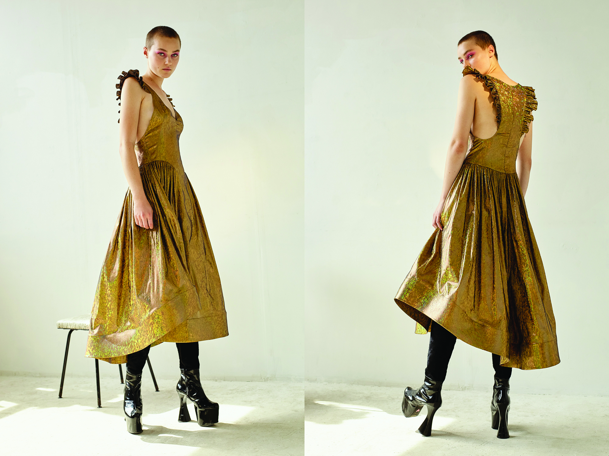 kelsey randall gold hologram angel gown ruffle shoulder patent leather vintage platform boots