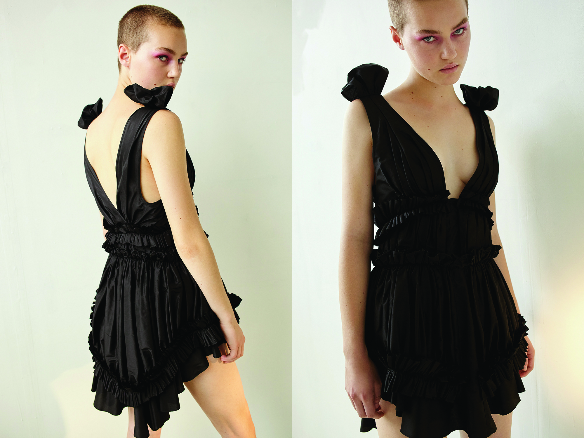kelsey randall black silk taffeta ruffled gathered puff sleeve shoulder mini dress deep v jumper 