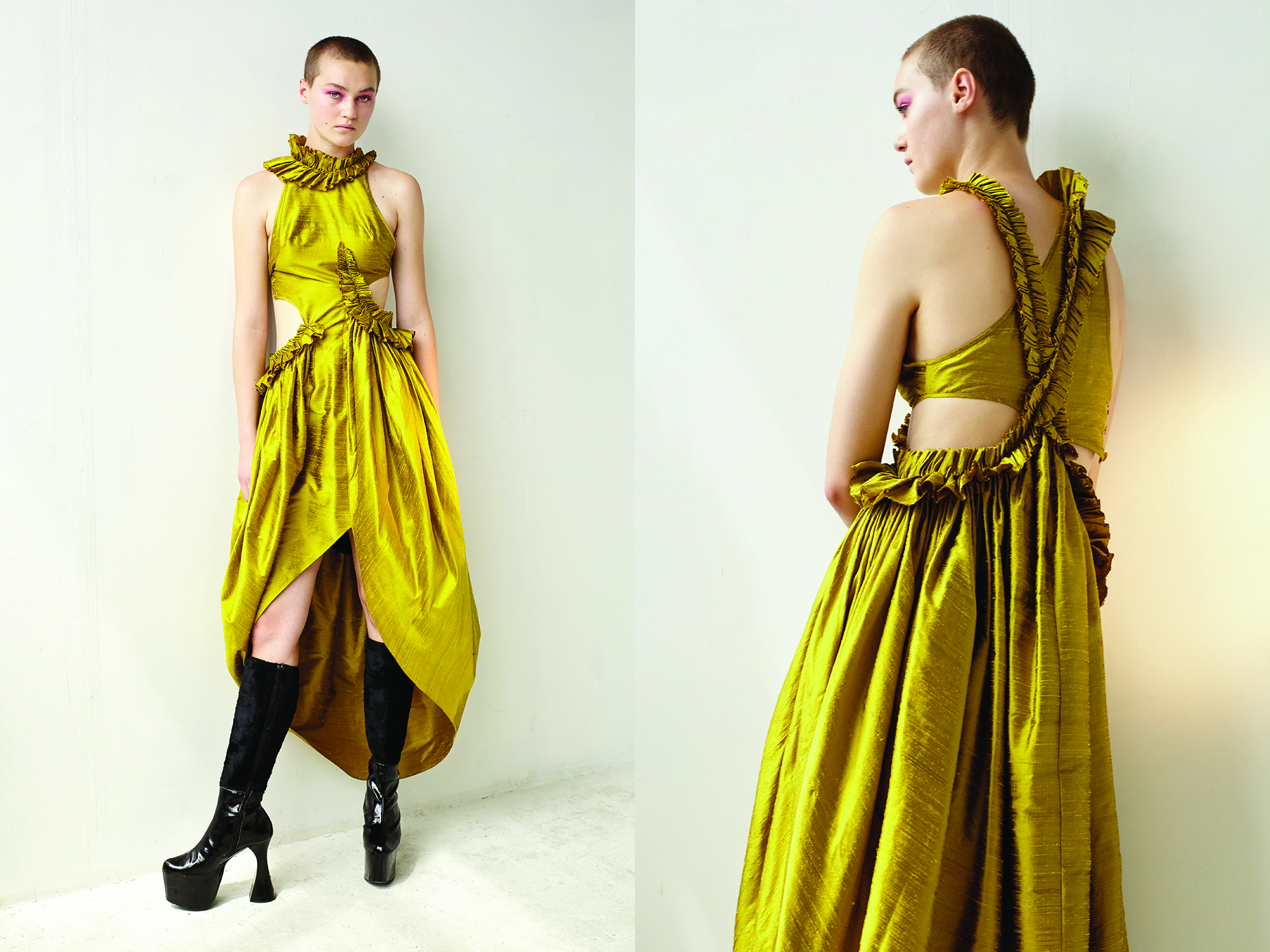 kelsey randall gold citrine raw silk shantung asymmetrical ruffle side cut out tulip high-low hem gown long dress black patent leather platform vintage boots