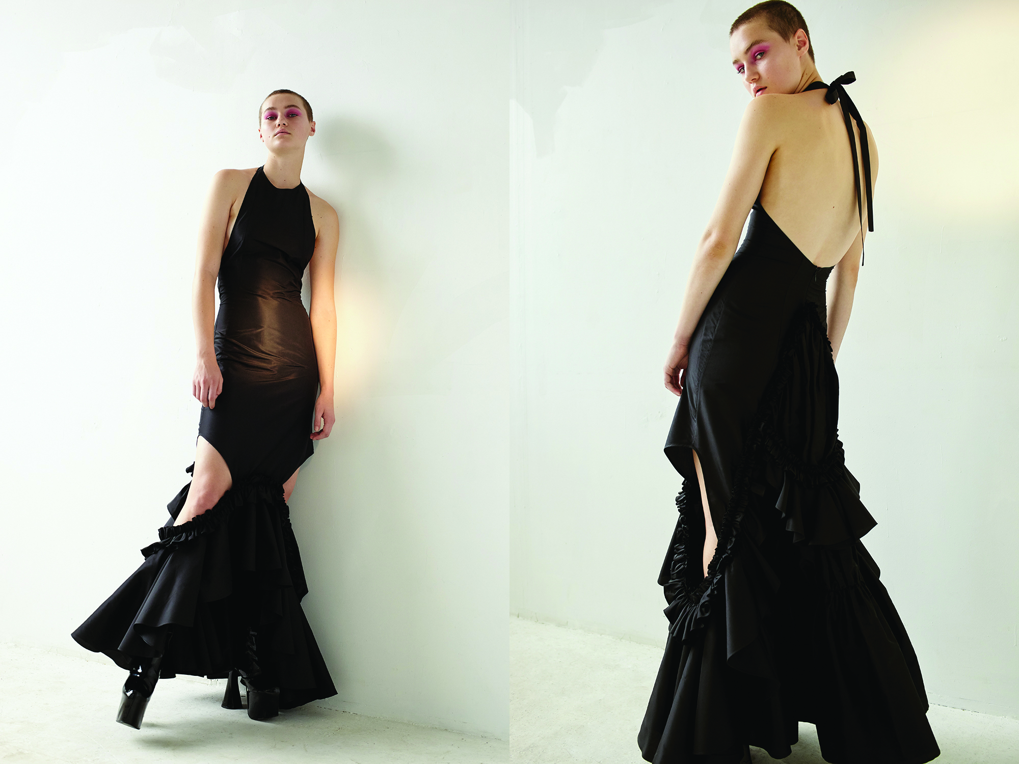 kelsey randall black silk taffeta ruffle side cut out gown halter back high neck flounces drama red carpet 