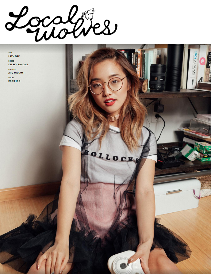 Jenn Im youtube vlogger influencer blogger polaroid instax fuji film mini camer fashion feature spread kelsey randall black tulle ruffle gathered babydoll swing cloud dress cap short sleeve sheer flounce t-shirt tee lazy oaf bollocks pink high waisted short black thick wire rim glaces pink choker hardwood floors local wolves fashion magazine california west coast la los angeles made-to-measure womenswear bridal custom bespoke handcrafted sustainable ethical local production manufacturing made in new york city nyc brooklyn bushwick emerging designer ones to watch new talent rising star best of american fashion young designer