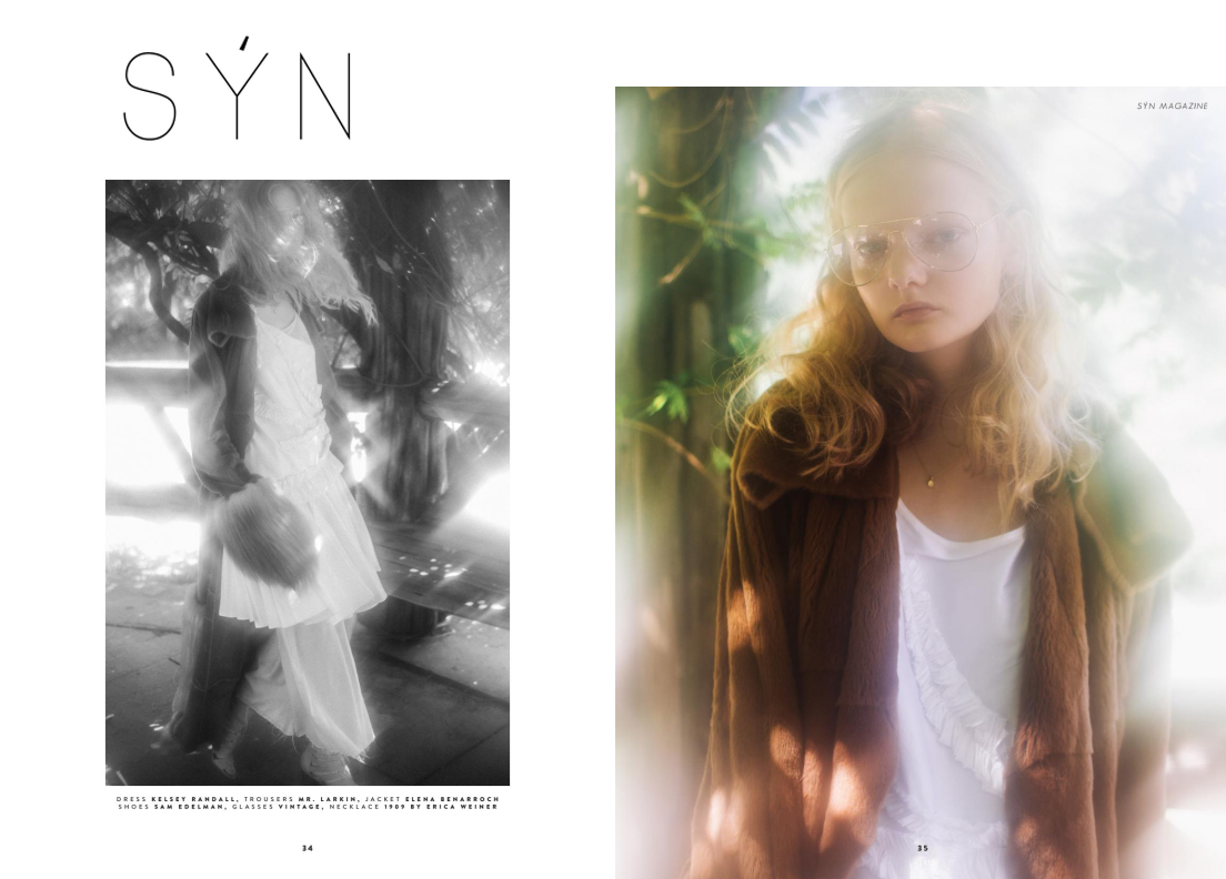 syn magazine fashion editorial feature issue kelsey randall white silk shantung ruffle dress circle skirt flounces bridesmaid fur coat jacket oversized big glasses curly hair 70's lens flair flare stippled light film photography disco made-to-measure womenswear bridal custom bespoke handcrafted sustainable ethical local production manufacturing made in new york city nyc brooklyn bushwick emerging designer ones to watch new talent rising star best of american fashion young designer photographer jack maffucci stylist sam weir makeup mia varrone hair junya model unia model management