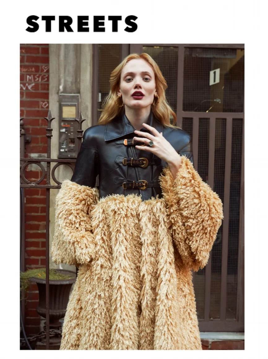 streets magazine fashion editorial kelsey randall black leather round shoulder faux fux camel curly mongolian lamb gold buckles hardware belt straps gold accent wide pointed collar blonde hair red lipstick made-to-measure womenswear bridal custom bespoke handcrafted sustainable ethical local production manufacturing made in new york city nyc brooklyn bushwick emerging designer ones to watch new talent rising star best of american fashion young designer Photographer: Tiffany Mumford Stylist: Karolina Borchert-Hunter Hair and Make Up : Victor Noble Model : Kira @ Silent NY