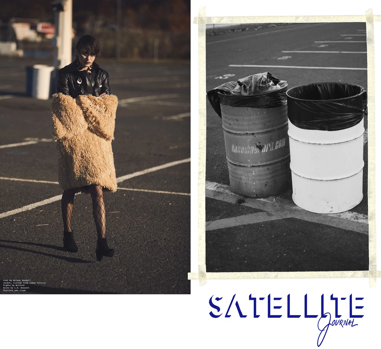 satellite journal fashion magazine editorial feature kelsey randall race track parking lot location shoot drag racing black leather round shoulder dress faux fur camel cream curly faux fur mogolian lamb gold buckle hardware strap belt wide collar big sleeve swing bell diamond tights made-to-measure womenswear bridal custom bespoke handcrafted sustainable ethical local production manufacturing made in new york city nyc brooklyn bushwick emerging designer ones to watch new talent rising star best of american fashion young designer photography jason lasswell styling shelley m young makeup mariko hirano hair yianni tsapatore model renta gubaeva at muse models