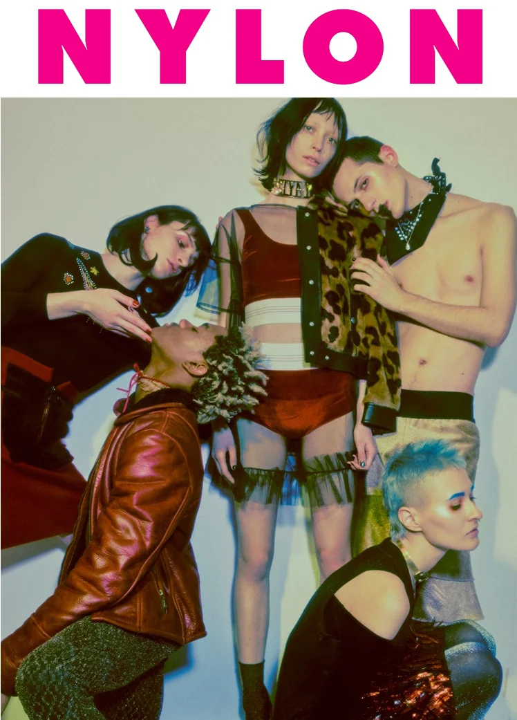 Nylon magazine issue print beauty special feature editorial how to new years holiday gender neutral genderqueer black tulle babydoll sheer dress ruffle hem short sleeve red leather jacket leopart print sequin skirt spakle tights bandana boy shorts spiked blue hair made-to-measure womenswear bridal custom bespoke handcrafted sustainable ethical local production manufacturing made in new york city nyc brooklyn bushwick emerging designer ones to watch new talent rising star best of american fashion young designer Photographer: Mikey Asanin Stylist: Heather Newberger Makeup: Tony Tulve Hair: Remy Moore Nails: Jini Lim Models: Esther at Timothy Rosado , Olga , Michael P at Tomorrow Is Another Day , Sarah McCall at MSA Models , Eddy LeRoy Jr.