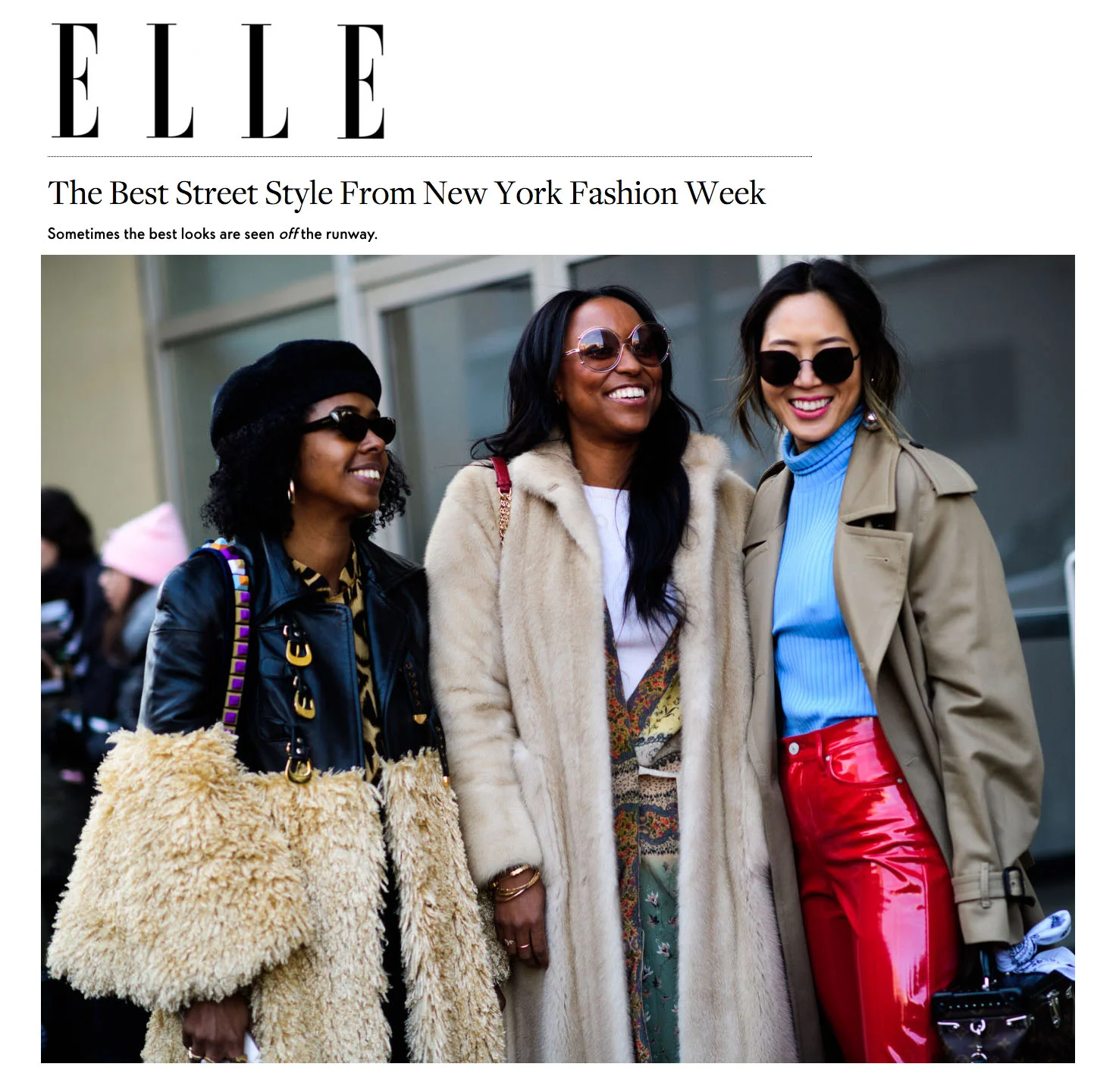 Allure Magazine Elle Best dressed NYFW street style fashion week february fashion show runway kelsey randall leather and faux fur coat gold buckles hardware round shoulder bell sleeve beret sunglasses red patent leather vinyl pants sunglasses blue turtleneck trench coat made-to-measure womenswear bridal custom bespoke handcrafted sustainable ethical local production manufacturing made in new york city nyc brooklyn bushwick emerging designer ones to watch new talent rising star best of american fashion young designer