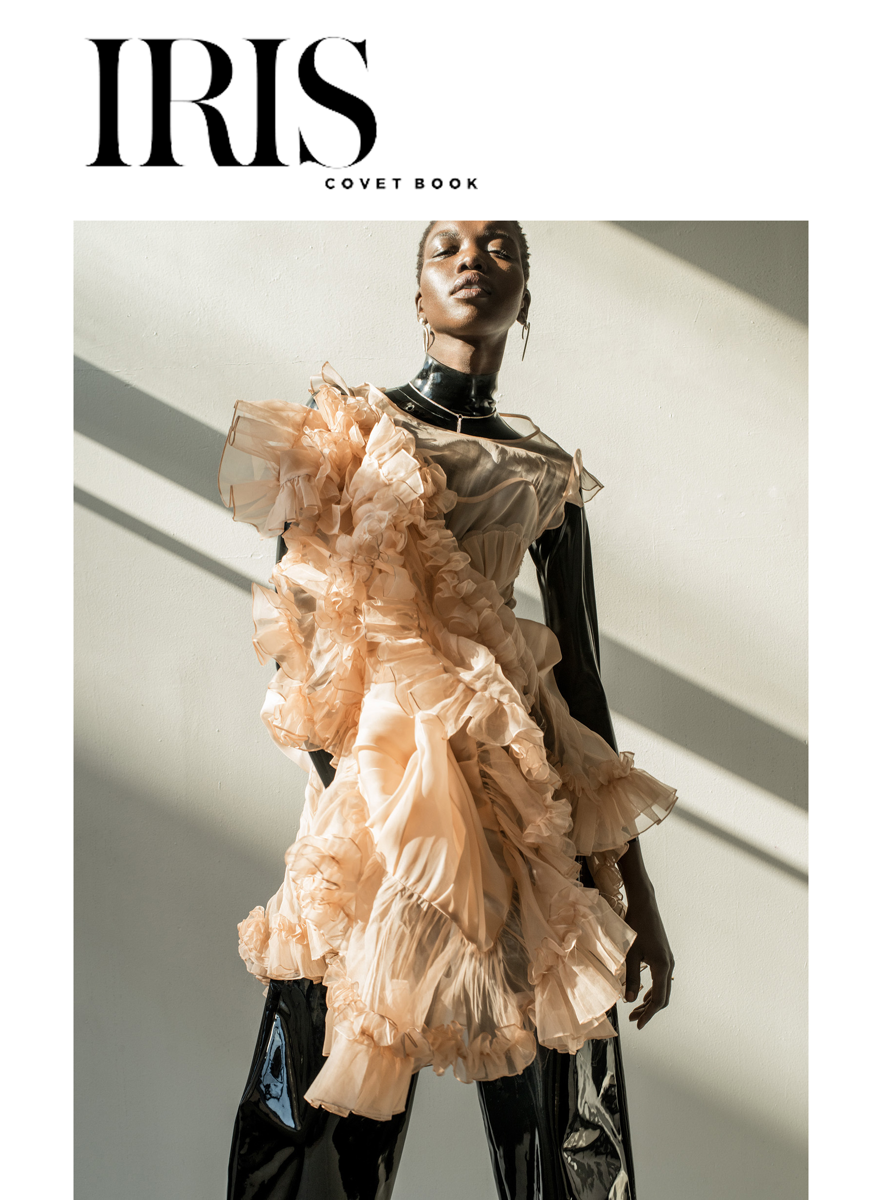 Iris Covet Book magazine print issue editorial feature Kelsey Randall peach silk organza mermaid ruffle dress seashell made-to-measure bespoke custom luxury sustainable ethical diverse unique bespoke luxury womenswear made in New York City Brooklyn Bushwick NYC patent leather pants vinyl black wet look rebel Hair & Makeup by Galvin Mason | Stylist assistant Clinton Rogers Photography by Ace Amir | Styling by Jahulie Elizalde Model Nykhor Paul @ Muse Management