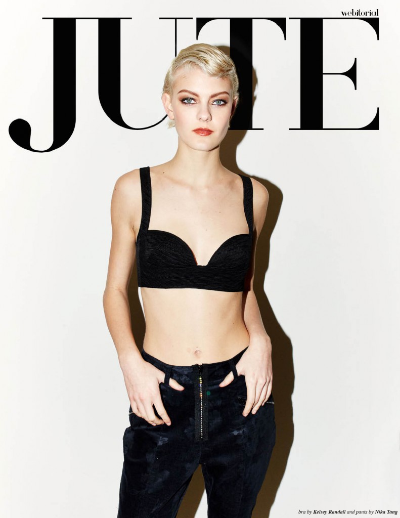 Jute Magazine Linda Evangelista editorial fashion feature Kelsey Randall black silk faille bra top crop high waisted pant bleach blonde short hair cover star emerging designer made in New York CIty Brooklyn NYC Bushwick sustainable ethical custom made-to-measure bespoke special unique local production photographer: Brad Ogbonna stylist: Christina Tung hair: Kazuhide Katahira makeup: Ayaka Nihei using MAC Cosmetics model: Sarah Fraser @ APM Model Management