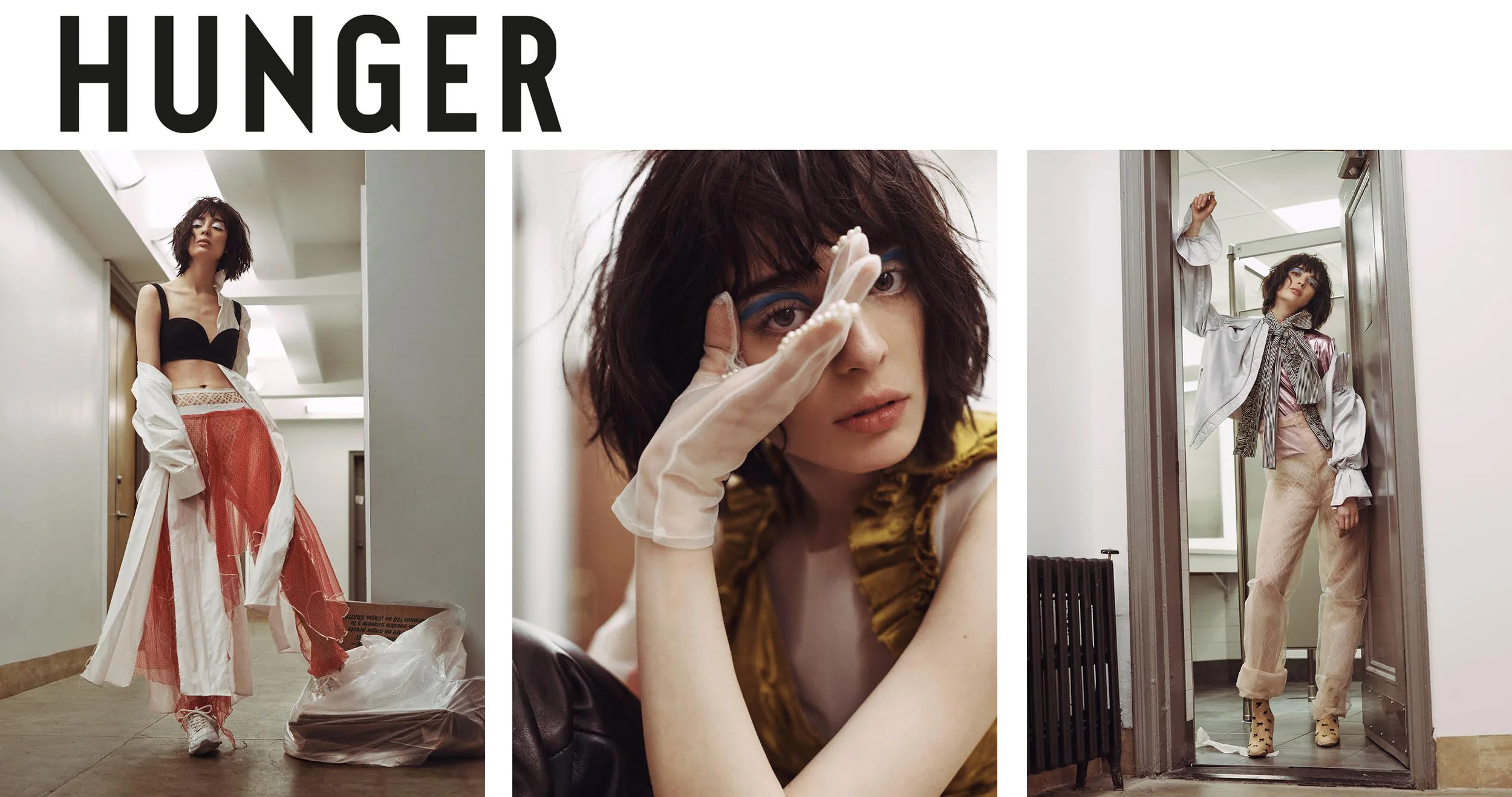 Hunger magazine fashion editorial featuring Kelsey Randall black silk faille bra top gold ruffle silk shantung mesh glove black and white striped canvas ruffle bow tie blouse made-to-measure luxury womenswear custom bespoke ethical sustainable PHOTOGRAPHY Mary Fix // STYLIST Kimberly Nguyen // MAKE-UP Kunio Kataoka // HAIR Rachel Hopkins // MODEL Cristina Piccone at Fusion