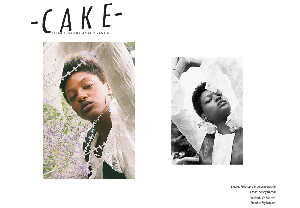 Cake Magazine fashion editorial feature Kelsey Randall black leather jumper dress sustainable ethical diverse unique fashion design flowers meadow custom made-to-measure luxury bespoke made in New York City NYC Brooklyn Bushwick handcrafted Katie Borrazzo Christine Nicholson Dominique Brannon Lady Savage supreme model management