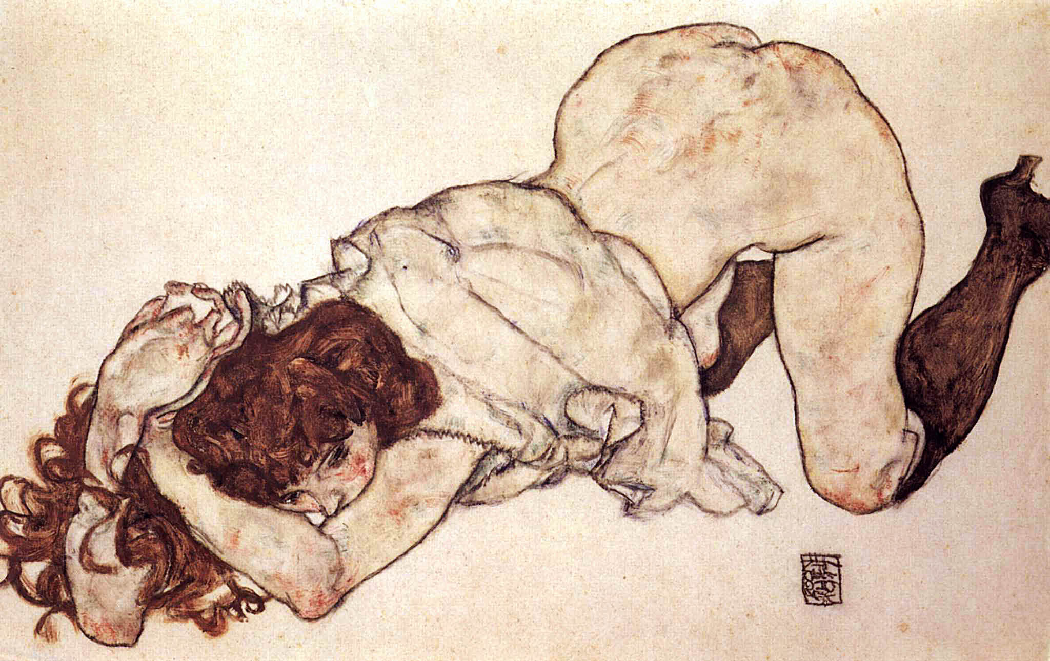'Kneeling Girl, Resting on Both Elbows' drawing by Egon Schiele, 1917