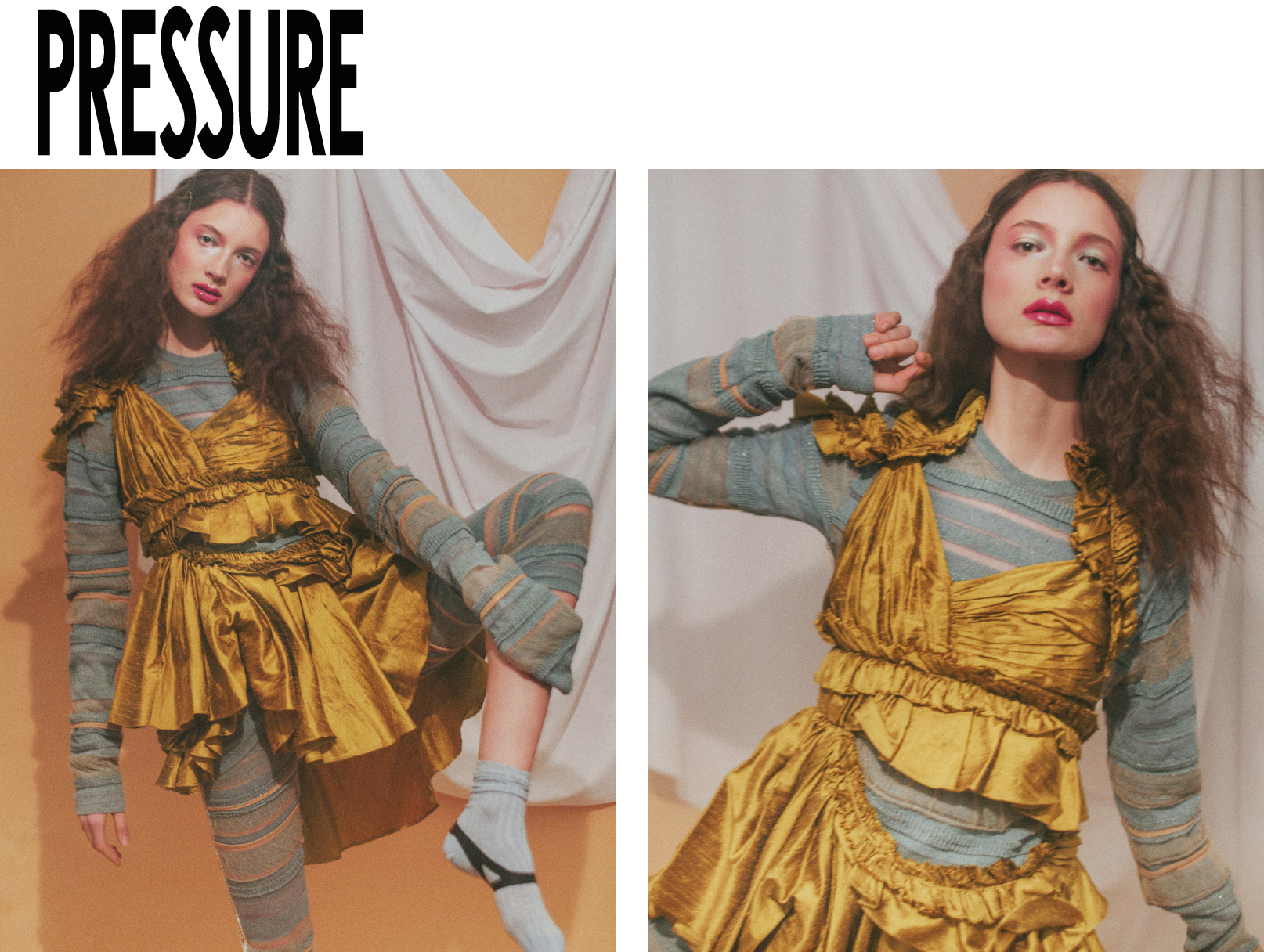 Pressure Paris magazine editorial feature Kelsey Randall style gold citrine yellow raw silk shantung ruffle taffeta cutout mini dress knitwear striped sweater ballet style Savanna Ruedy Rebekah Calo Shawna Ferguson Mark de los Reyes Regan Garrett Supreme NY Model management crimped hair made-to-measure custom bespoke ballerina made in New York City Brooklyn NYC Bushwick