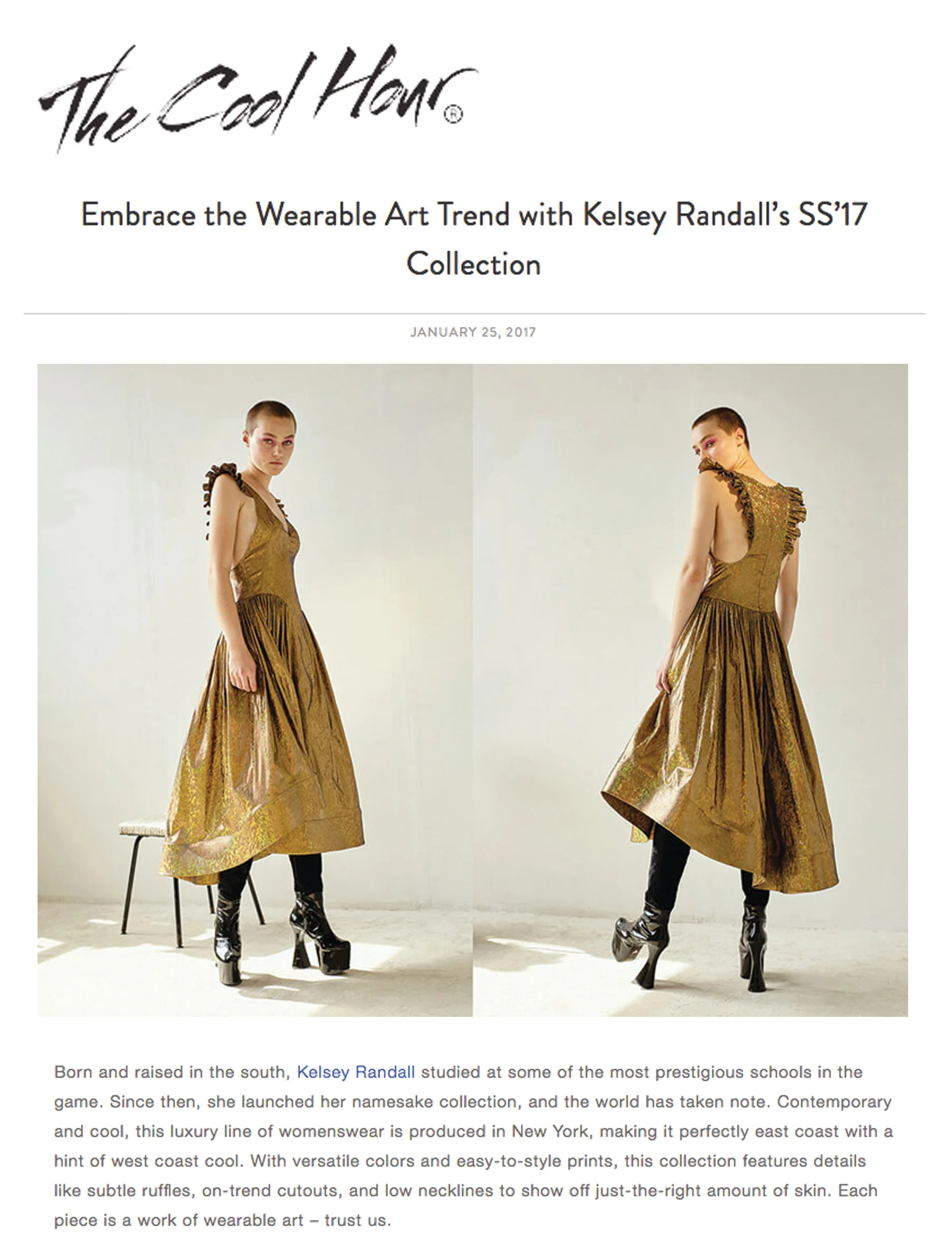 made-to-measure womenswear bridal custom bespoke handcrafted sustainable ethical local production manufacturing made in new york city nyc brooklyn bushwick emerging designer ones to watch new talent rising star best of american fashion young designer designer feature the cool hour collection review versatile easy to style ruffles gold hologram angel ruffle dress east coast west coast cool contemporary wearable art