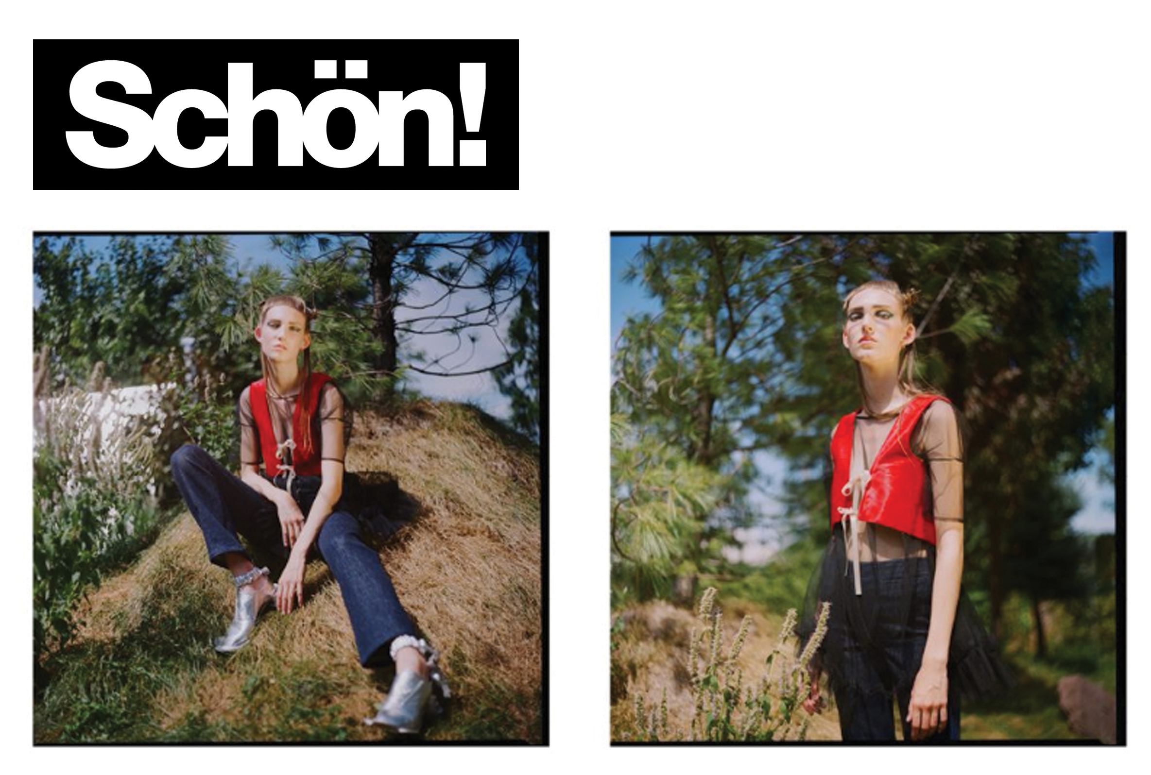 Schon! magazine schon editorial fashion feature kelsey randall black tulle babydoll cloud dress ruffle silver shoes red leather faux vest hill nature photography sheer made-to-measure womenswear bridal custom bespoke handcrafted sustainable ethical local production manufacturing made in new york city nyc brooklyn bushwick emerging designer ones to watch new talent rising star best of american fashion young designer Photography / Lena Shkoda Fashion / Nika Belyaeva Model / Lisa Helene Kramer @ Supreme NYC Hair / Mirna Jose Make Up / Laura Buck