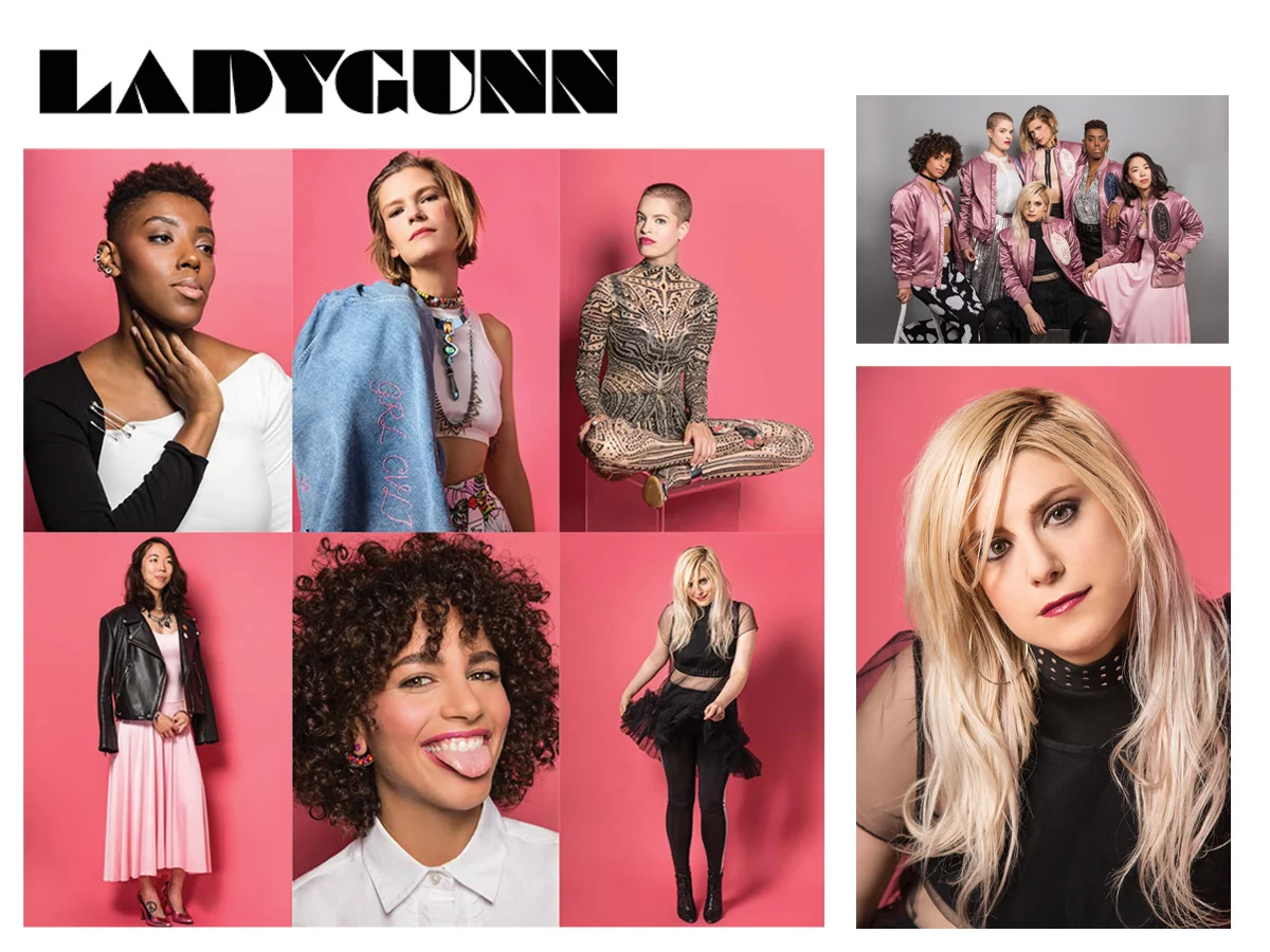girl cvlt ladygunn magazine interview feature activist feminists the future is female pink bright pink pussy power kelsey randall black tulle babydoll sheer cloud dress red lipstick black tights pointy boots crop top white collared shirt buttondown leather jacket metallic tribal tattoo illusion lace sheer embroidered floral bodysuit gold lurex metal large silver safety pins pink bomber jacket made-to-measure womenswear bridal custom bespoke handcrafted sustainable ethical local production manufacturing made in new york city nyc brooklyn bushwick emerging designer ones to watch new talent rising star best of american fashion young designer story / Tiffany Diane Tso photos / Jena Cumbo styling / Shea Daspin styling assistant / Caroline Stinger makeup / Laura Mitchell hair / Anike Rabiu featuring / Tara Daniels, Alexz Graves, Ashley Hefnawy Lane Moore, Tiffany Diane Tso, Remy Holwick