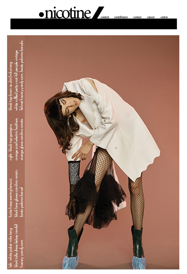 nicotine magazine fashion editorial print issue feature layered disheveled fish neck tights black tulle ruffled cloud dress babydoll scalloped hem 70's style retro daywear sportswear seventies hipster cool stylist made-to-measure womenswear bridal custom bespoke handcrafted sustainable ethical local production manufacturing made in new york city nyc brooklyn bushwick emerging designer ones to watch new talent rising star best of american fashion young designer lexyrose stylist peter goldman photographer pete gold