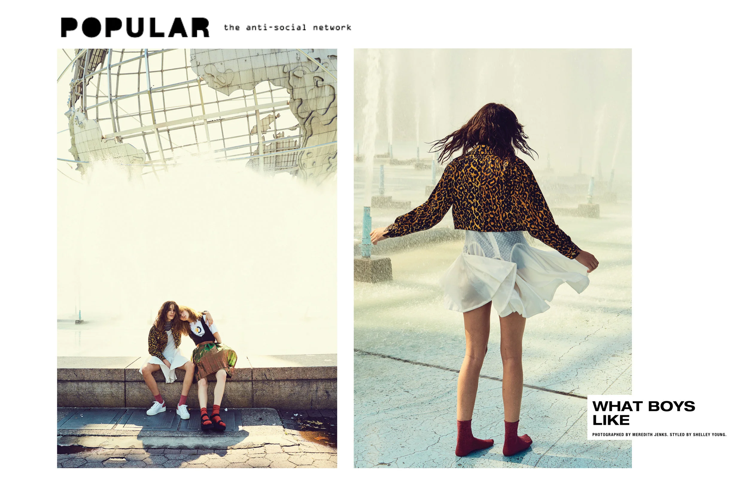 popular magazine what boys life fountain fashion editorial wet water leopard print jacket short denic white cream swiss dot godet polka dot cotton silk twirl swing stocking feet skater girls flatform platform 70's style retro daywear sportswear seventies hipster cool stylist made-to-measure womenswear bridal custom bespoke handcrafted sustainable ethical local production manufacturing made in new york city nyc brooklyn bushwick emerging designer ones to watch new talent rising star best of american fashion young designer PHOTOGRAPHED BY MEREDITH JENKS. STYLED BY SHELLEY YOUNG. Hair: Peter Matteliano. Make-up: Caitlin Wooters. Models: Neta at Elite, and Tamara at Muse.