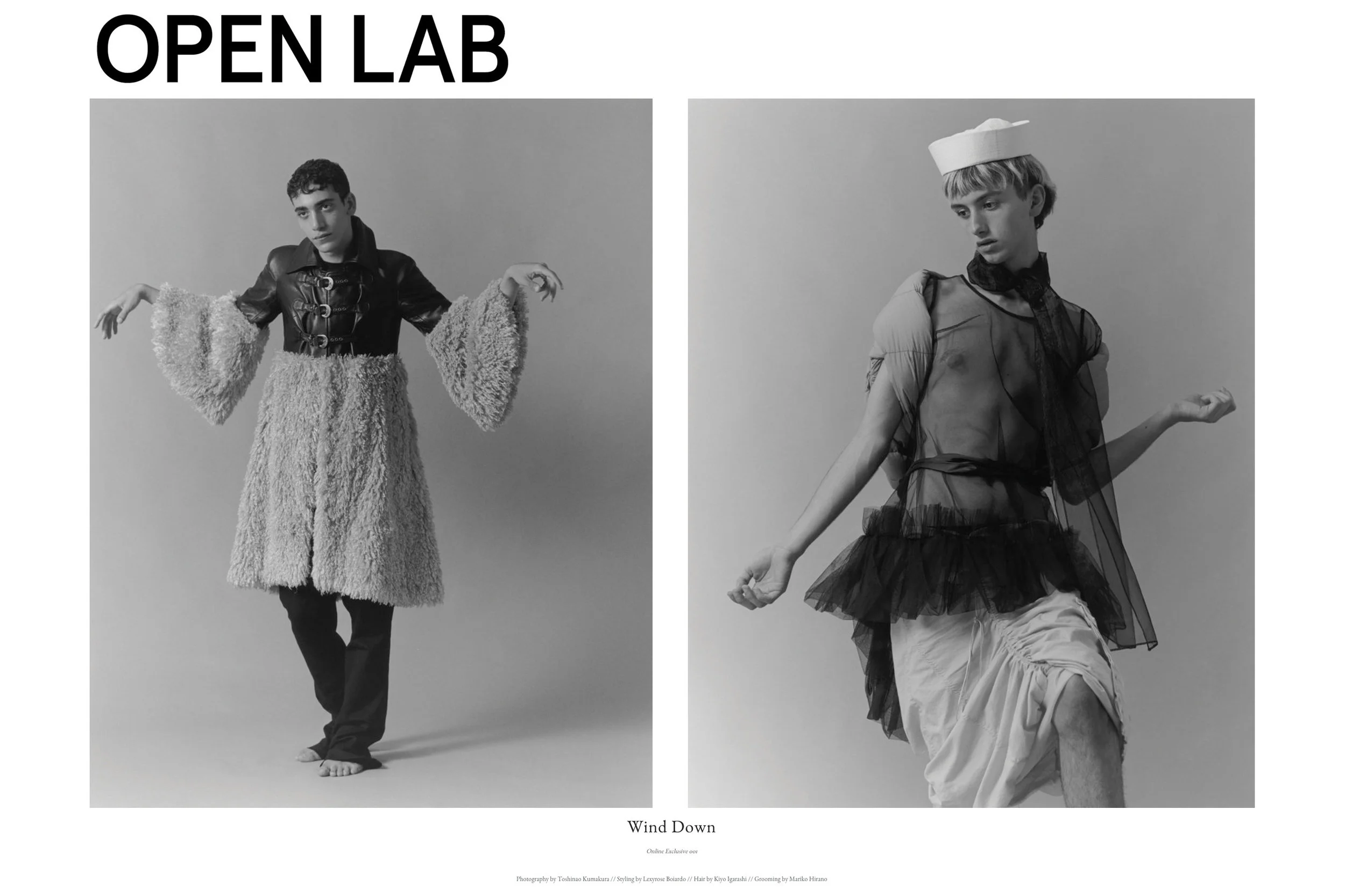 open lab magazine editorial menswear gender neutral genderqueer boys in girls clothes celebration fashion photography black and white film wind down gathered drawstring skirt linen black tulle sheer babydoll blouse dress belted gathered ruffle puff cloud sailor hat black jeans bare feet black leather rounded shoulder faux fur camel cream light curly mongolian lamb curly hardware buckles 70's style retro daywear sportswear seventies hipster cool stylist made-to-measure womenswear bridal custom bespoke handcrafted sustainable ethical local production manufacturing made in new york city nyc brooklyn bushwick emerging designer ones to watch new talent rising star best of american fashion young designer stylist lexyrose weird pose awkward sweet grooming mariko hirano hair kiyo igarashi