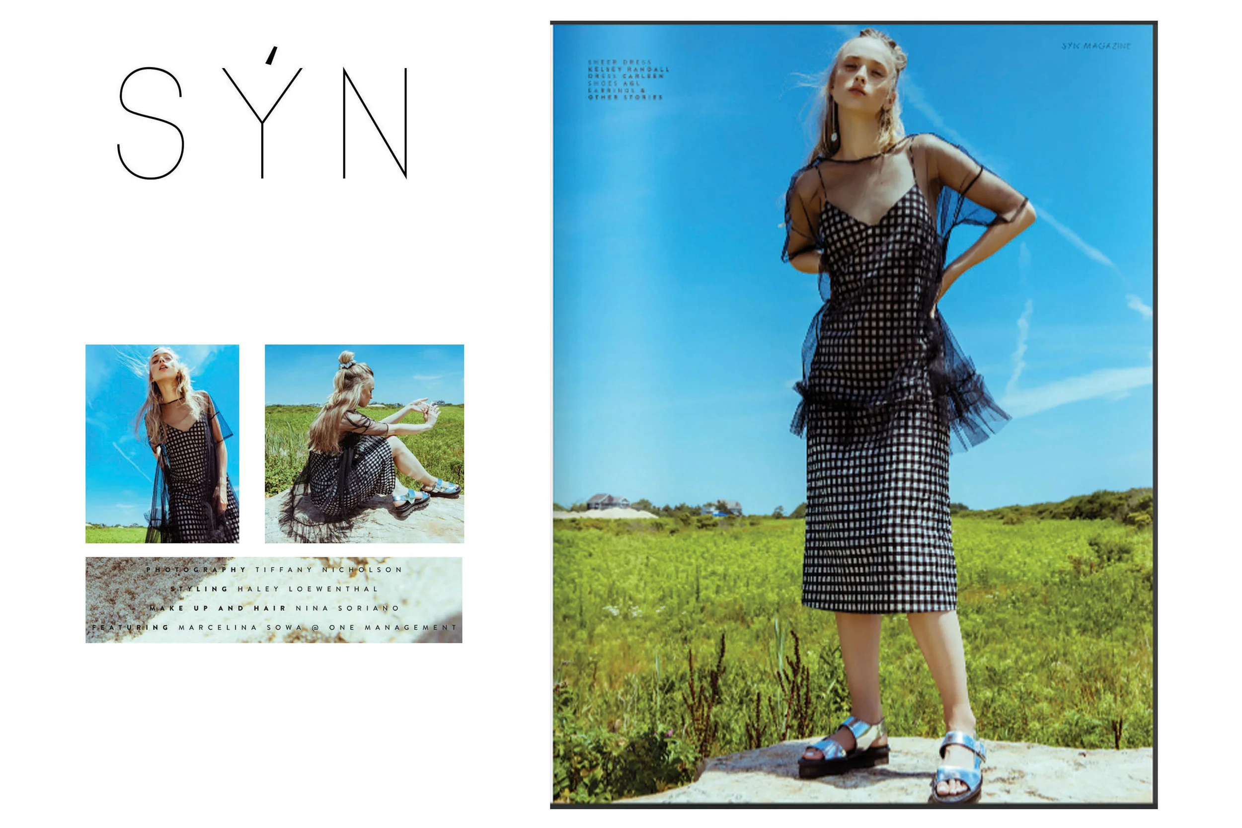 syn magazine fashion editorail feature beach grass nature rock blue skies bright sunny lush spring summer kelsey randall black tulle sheer ruffle babydoll oversized short sleeve cute see through gingham check checkered v neck shift bias cut below knee tube straight tight fitted metallic platform sandal flatform silver 90's raver goth candy goth delia's 70's style retro daywear sportswear seventies hipster cool stylist made-to-measure womenswear bridal custom bespoke handcrafted sustainable ethical local production manufacturing made in new york city nyc brooklyn bushwick emerging designer ones to watch new talent rising star best of american fashion young designer styled by haley loewenthal shot by photographer tiffany nicholson model marcelina sowa mar hair makeup mua nina soriano
