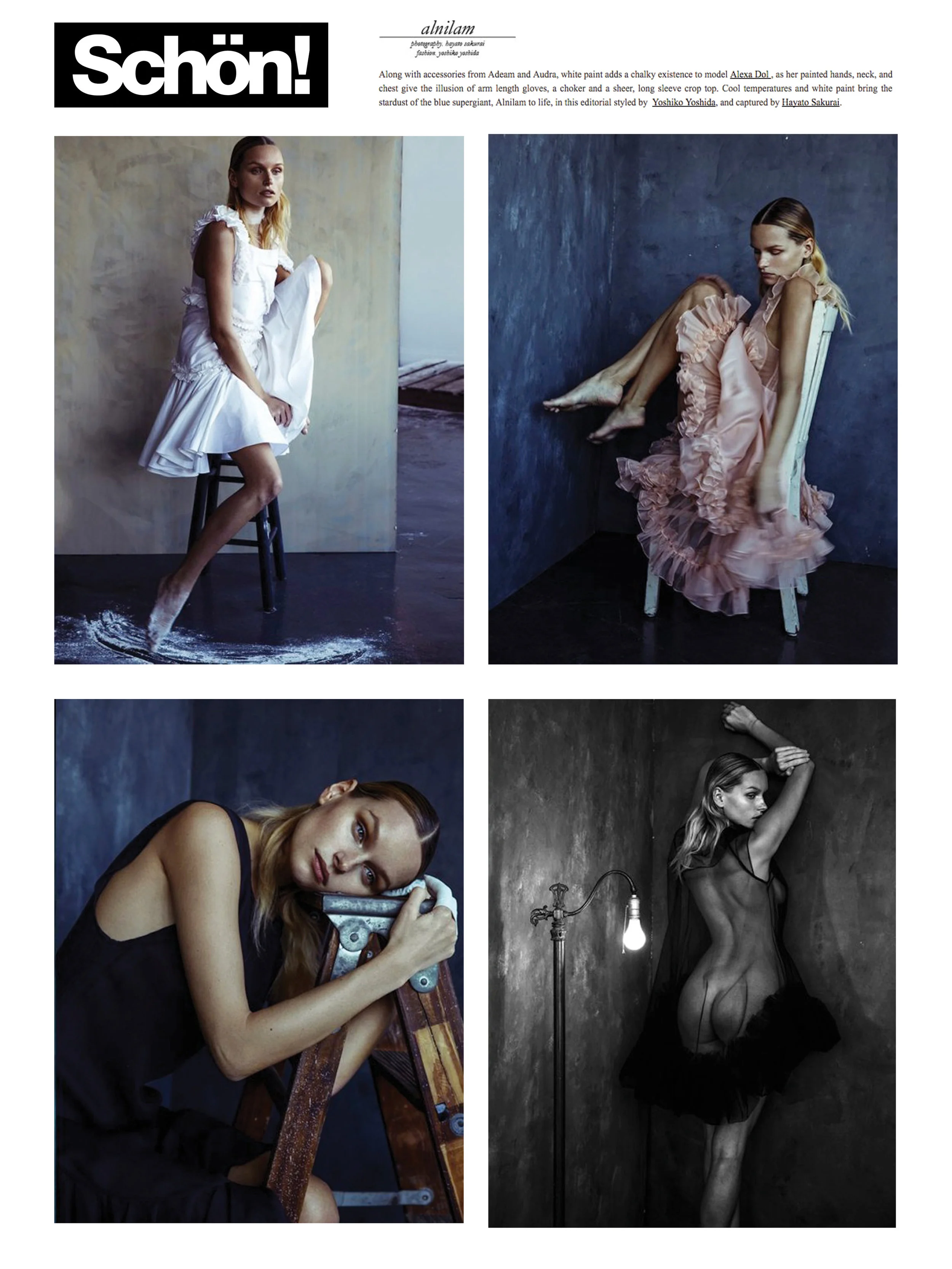 schon! magazine fashion editorial exclusive online feature kelsey randall white silk shantung raw asymmetrical ruffle dress bridesmaid peach pink organza ruffle seashell pleated scalloped hem babydoll sweetheart black crinkle crepe chiffon salsa minimalist dress ladder chalk feet hands powder black tulle nude naked sheet babydoll cloud gathered lightbulb bare bulb behind vintage lamb romantic ballet ballerina gothic dark romance dreamy dream plaster walls 70's style retro daywear sportswear seventies hipster cool stylist made-to-measure womenswear bridal custom bespoke handcrafted sustainable ethical local production manufacturing made in new york city nyc brooklyn bushwick emerging designer ones to watch new talent rising star best of american fashion young designer Along with accessories from Adeam and Audra, white paint adds a chalky existence to model Alexa Dol , as her painted hands, neck, and chest give the illusion of arm length gloves, a choker and a sheer, long sleeve crop top. Cool temperatures and white paint bring the stardust of the blue supergiant, Alnilam to life, in this editorial styled by Yoshiko Yoshida , and captured by Hayato Sakurai .