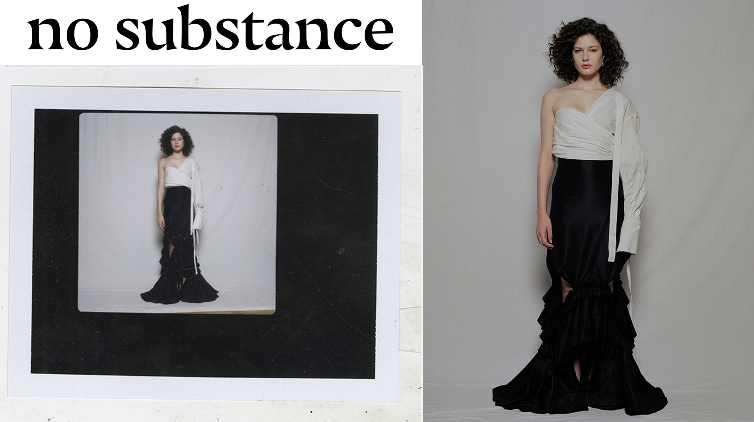 No Substance magazine fashion editorial feature Kelsey Randall black silk taffeta ruffle side cutout side minimalist fashion avant garde film photography made-to-measure custom bespoke luxury womenswear made in New York City NYC Brooklyn Bushwick handcrafted ethical sustainable emerging designer Producer – Carolin Ramsauer Photographer – Sara Julia Waller Models – Sophia Pastorius-Young @ IMG Models, Frederik Ruegger @ VNY, Misty Downs @ IMG Models, Marius Survila @ One Management, Styling – Herin Choi, Styling Assistant – Chime, Make Up – Sawako Kijima for MAC Cosmetics, Hair – Andy Tseng,