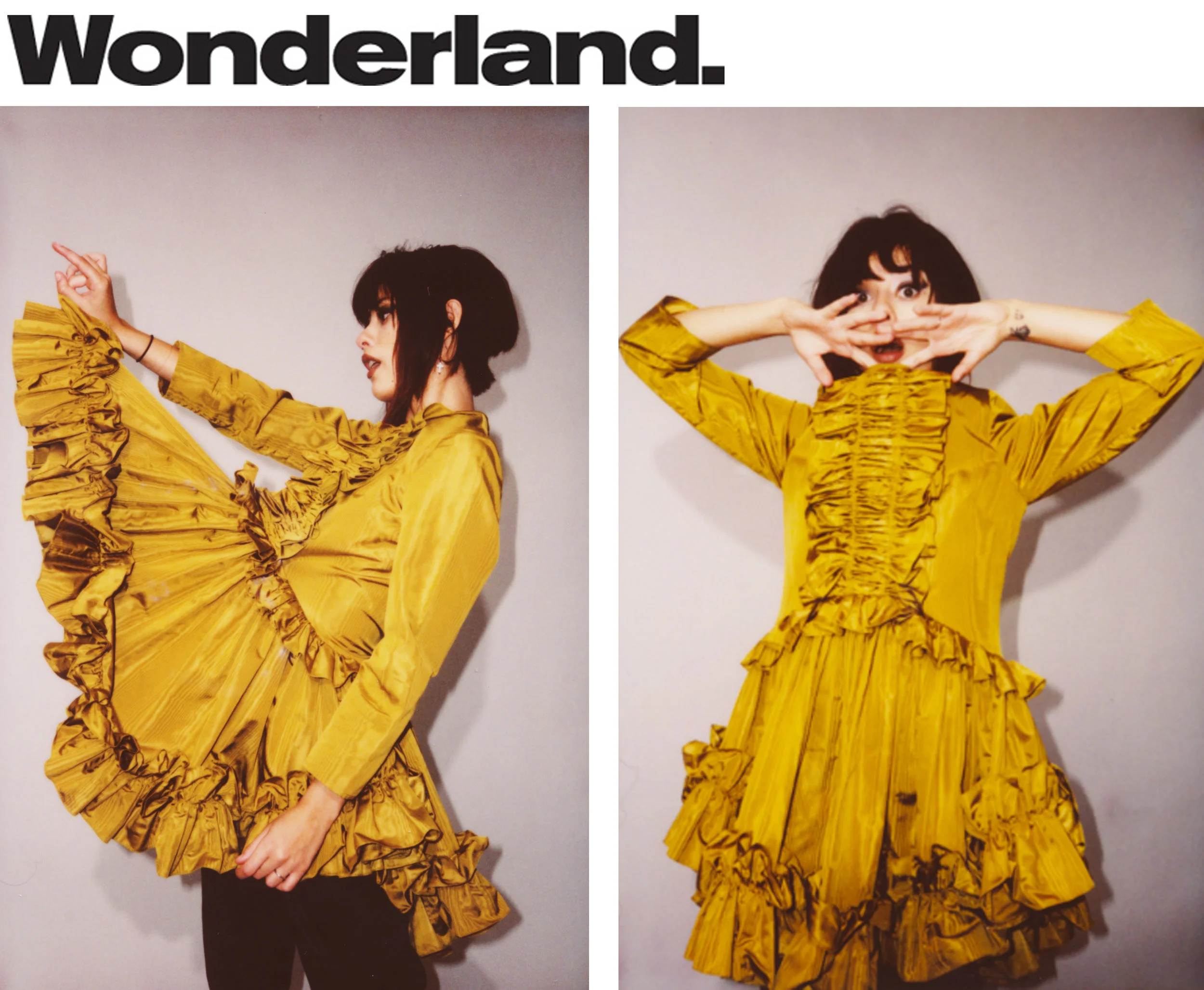 Wonderland Magazine fashion editorial feature polaroid land camera film Kelsey Randall gold yellow marigold silk moire ruffle front hem babydoll skater swing long sleeve dress full skirt made-to-measure luxury bespoke womenswear made in New York City NYC Brooklyn Bushwick handcrafted emerging designer sustainable ethical Photography Emily Soto Fashion Leo Max at Art Department Hair and Makeup Aliana Lopez at The Only Agency Model Alissa Salls at The Lions