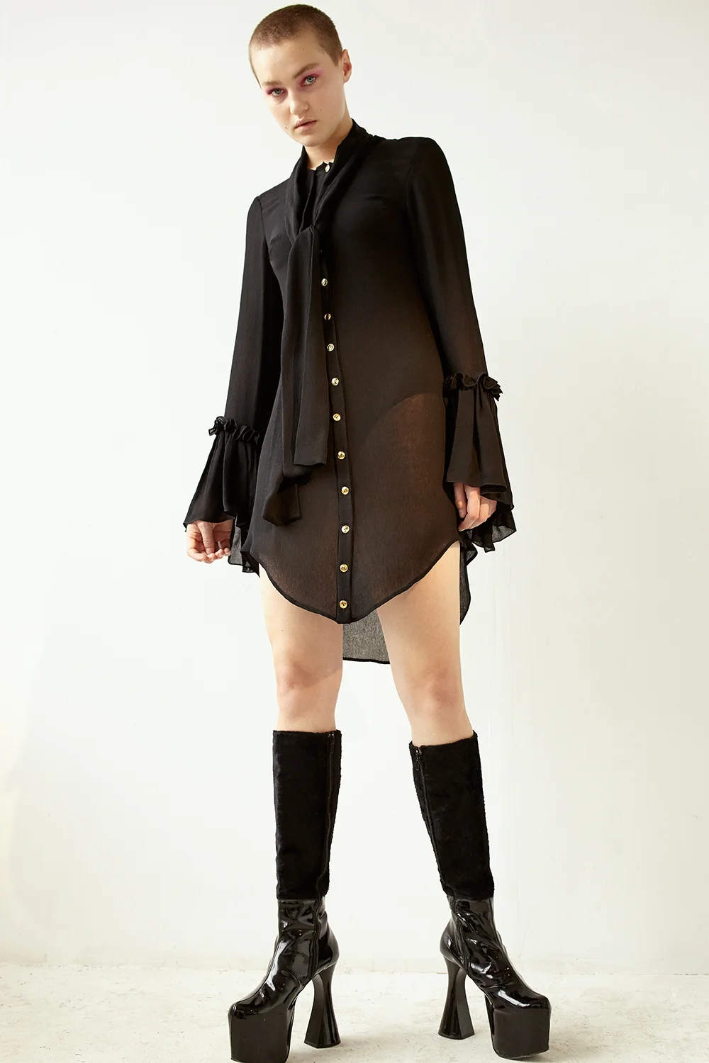 Copy of kelsey randall black sheer crinkled double layered chiffon long sleeve ruffle button down blouse pussy bow tie neck gold buttons shirt top model mia rae model lloyd stevie makeup katie mellinger