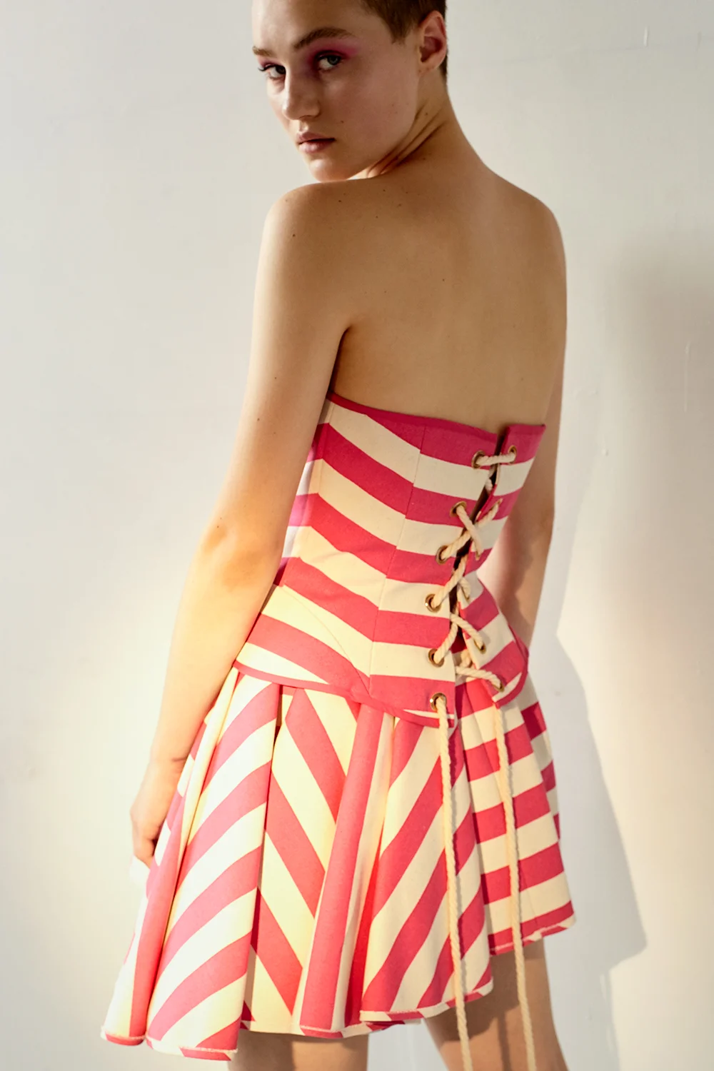 Copy of kelsey randall striped pink canvas cotton denim bustier corset strapless lace up back rope tie sailor gold grommet hardware 
