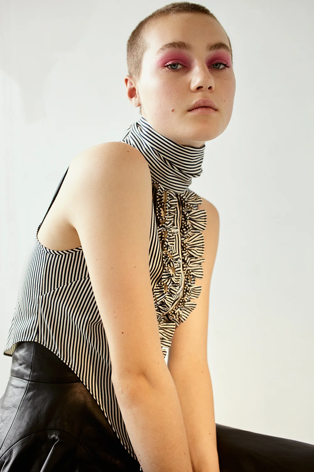 Copy of kelsey randall black navy thin pin stripe cotton sleeveless button down ruffle front pussy bow neck tie blouse vest top waistcoat model mia ray photographer lloyd stevie makeup katie mellinger