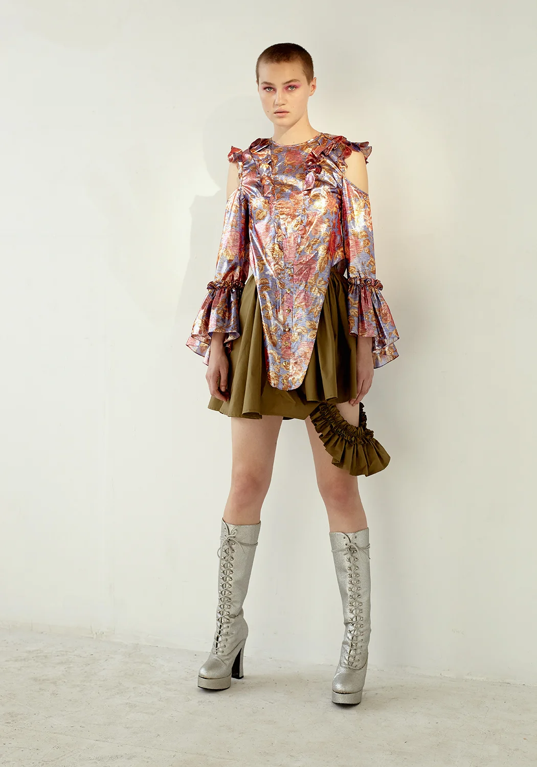 Copy of kelsey randall floral silk lamé lurex pink purple silver ruffle long sleeve flounce hem cold shoulder button back blouse top shirt