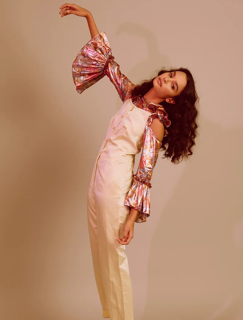kelsey randall floral silk lamé lurex pink purple silver ruffle long sleeve flounce hem cold shoulder button back blouse top shirt