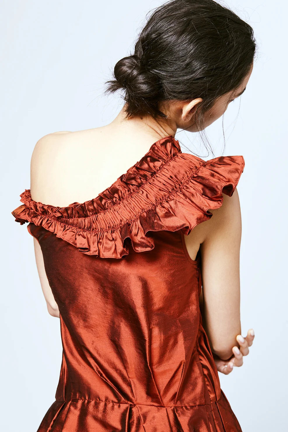 Copy of kelsey randall lloyd stevie emerging designer made-to-measure fashion editorial custom bespoke red silk shantung ruffle asymmetrical cocktail party dress off the shoulder hair beauty