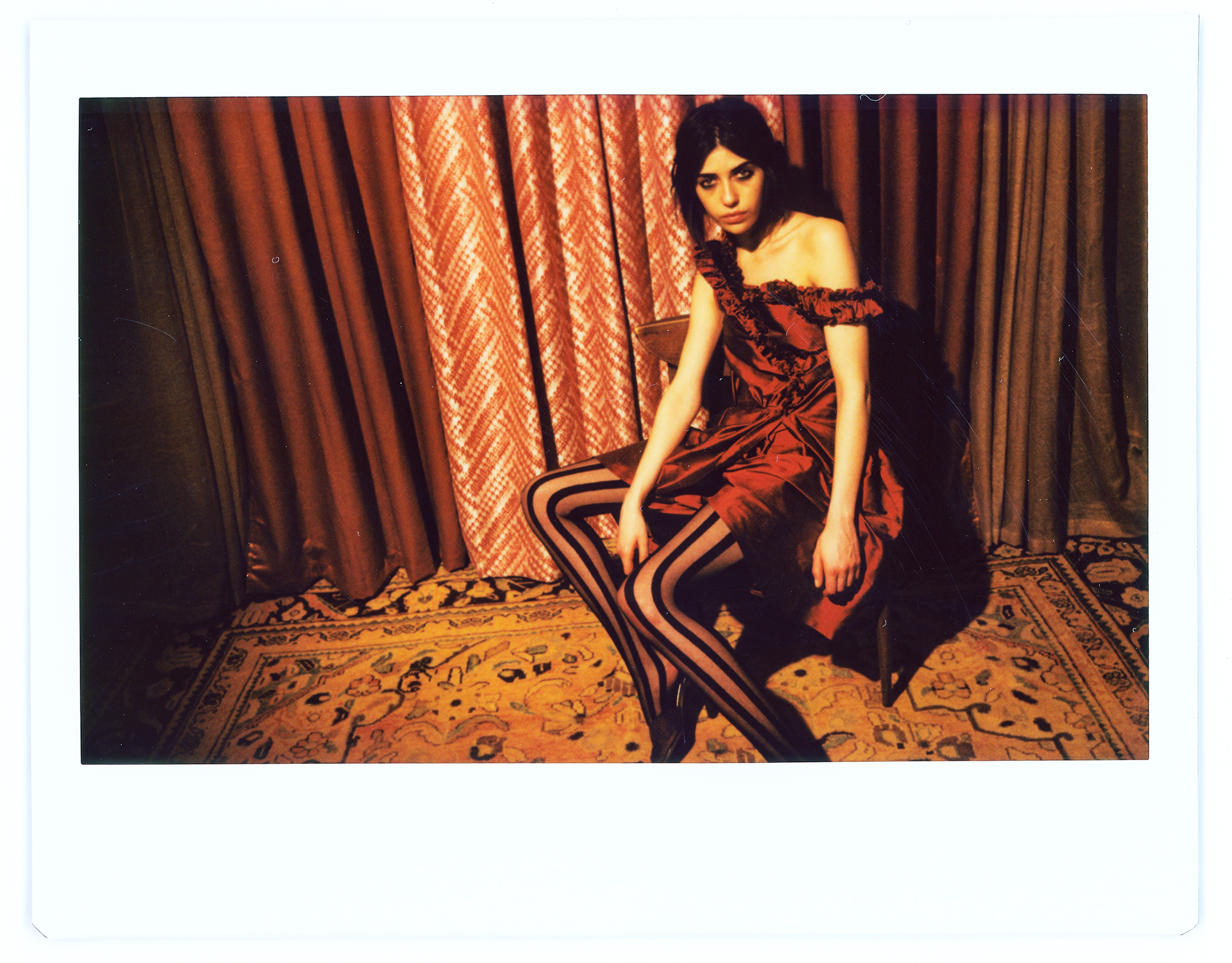 Copy of kelsey randall lloyd stevie emerging designer made-to-measure fashion editorial custom bespoke red silk shantung ruffle asymmetrical cocktail party dress off the shoulder fuji film instax