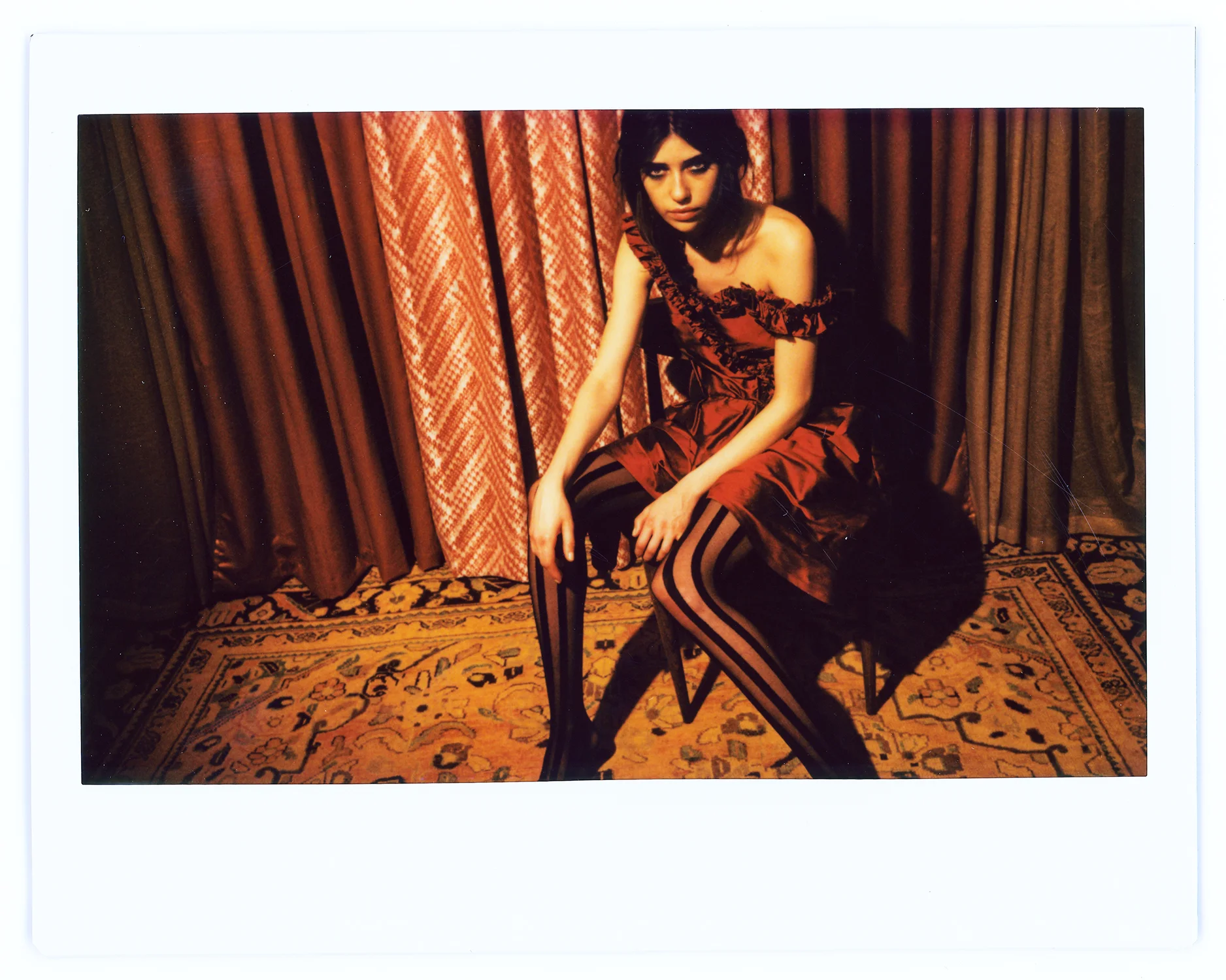 Copy of kelsey randall lloyd stevie emerging designer made-to-measure fashion editorial custom bespoke red silk shantung ruffle asymmetrical cocktail party dress off the shoulder fuji film instax