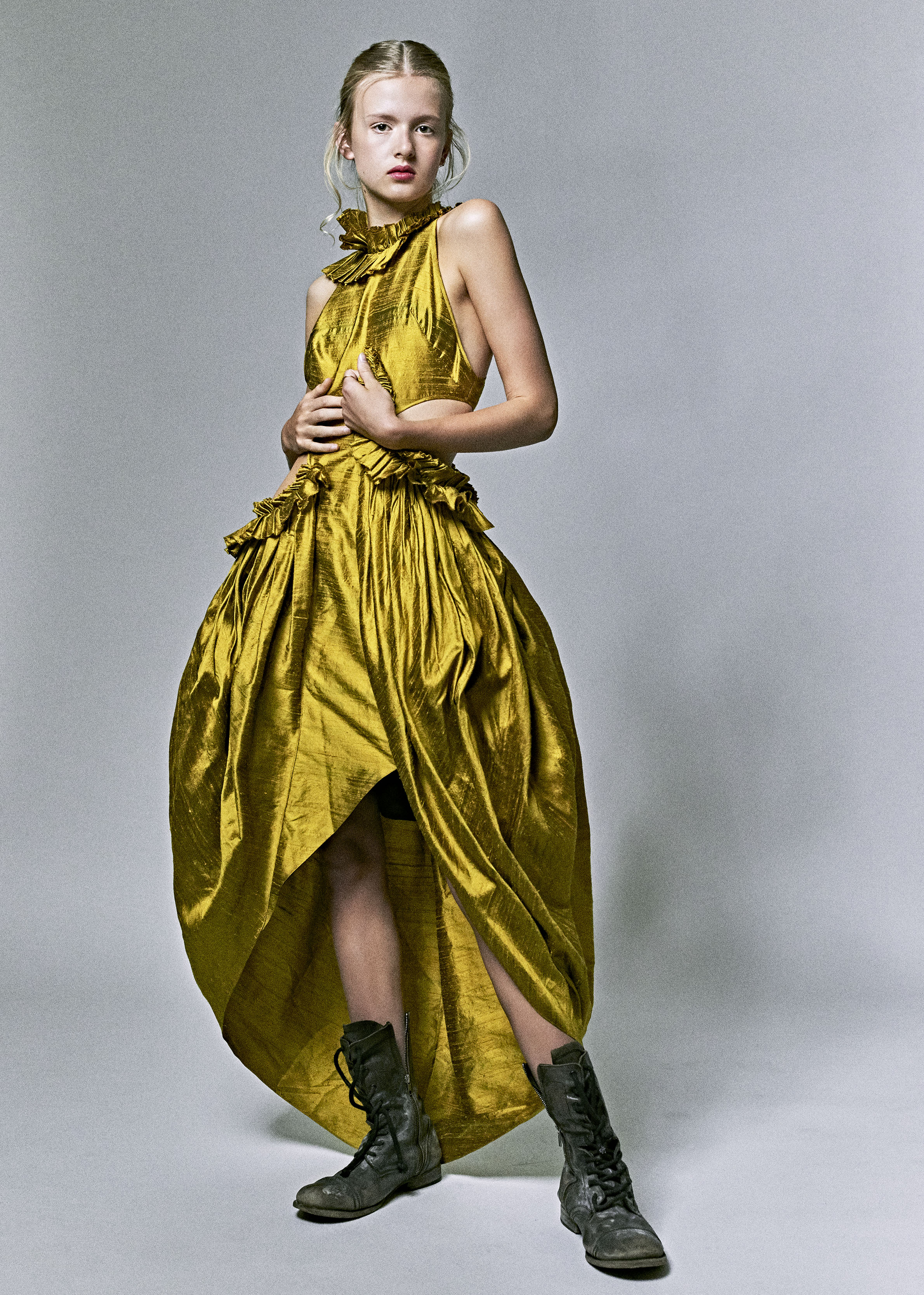 Copy of kelsey randall model gold yellow citrine raw silk shantung asymmetrical ruffle sleeve side cut out gathered ruffled flounce long gown high-low hem tulip high neck dress black leather combat...