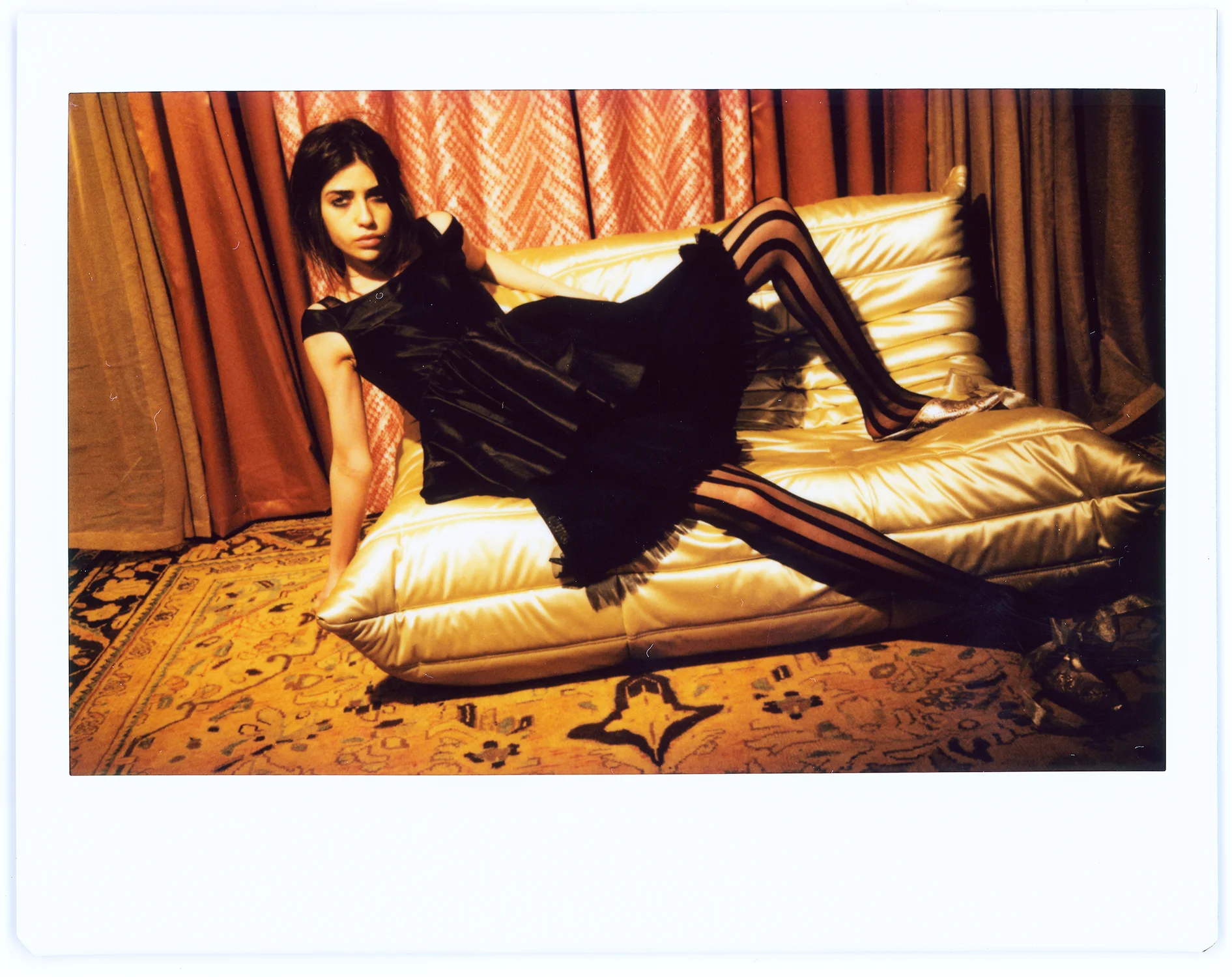 Copy of kelsey randall lloyd stevie emerging designer made-to-measure fashion editorial custom bespoke mesh ruffle crinoline dress hook and eye back fuji film instax striped tights