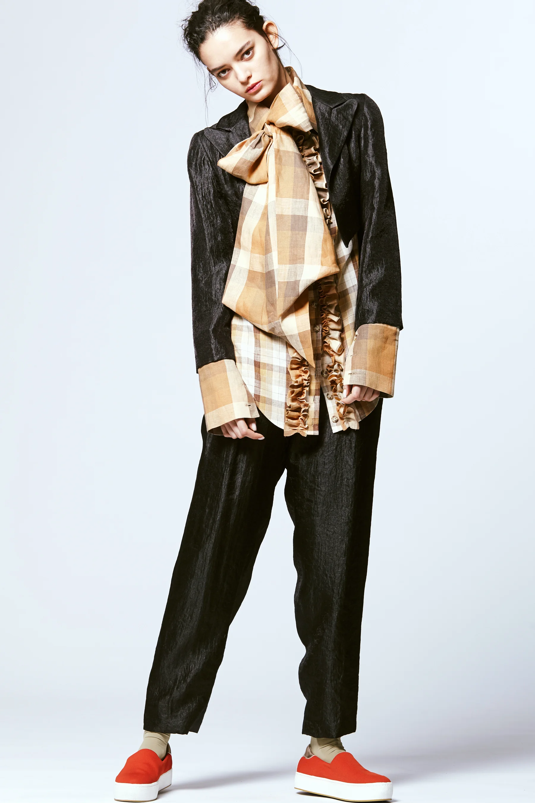 Copy of kelsey randall lloyd stevie emerging designer made-to-measure fashion editorial custom bespoke washed silk cropped tuxedo jacket drop crotch pant plaid linen bow blouse button down shirt