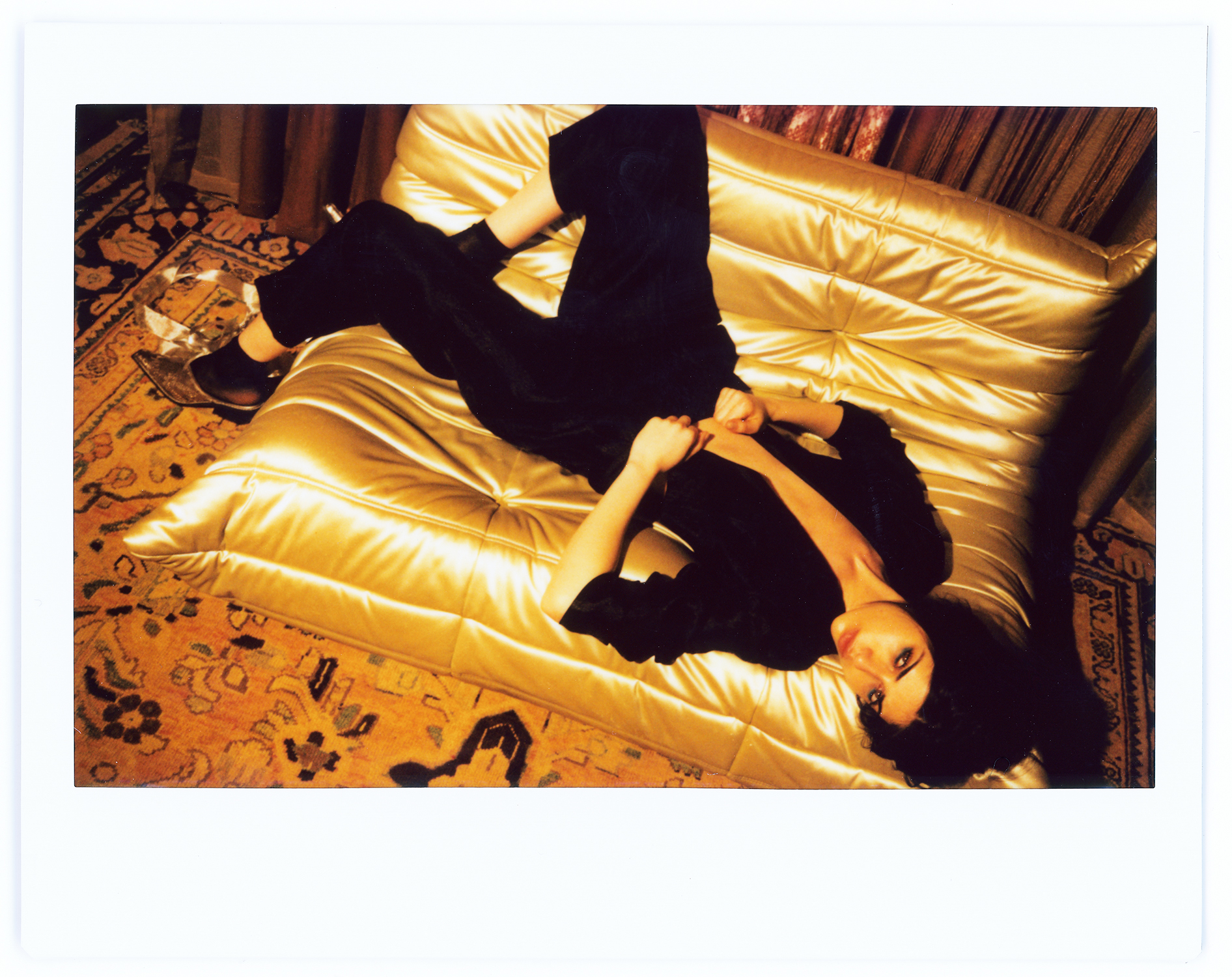 Copy of kelsey randall lloyd stevie emerging designer made-to-measure fashion editorial custom bespoke washed silk cropped tuxedo jacket suit drop crotch pant fuji film instax