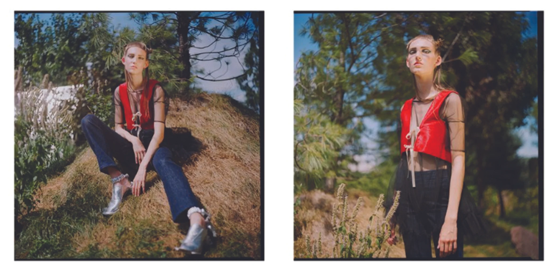 schon! magazine editorial kelsey randall black sheer tulle babydoll dress baby doll short sleeve ruffle hem jeans red vest