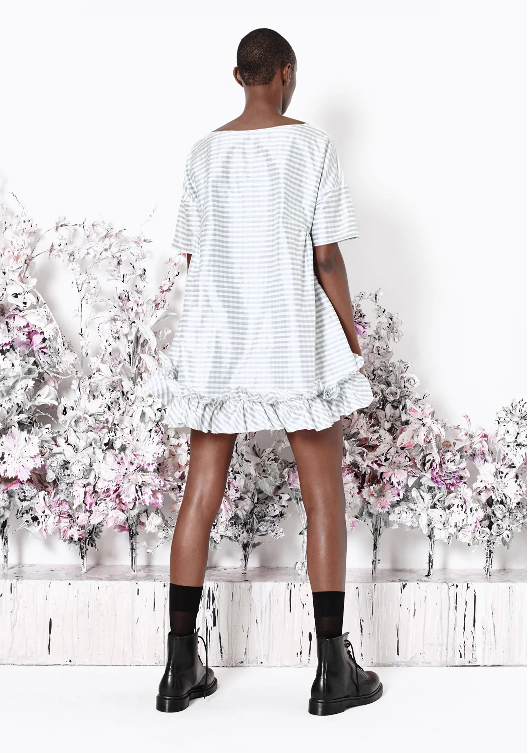 Copy of kelsey randall lloyd stevie emerging designer made-to-measure fashion editorial custom bespoke gingham check baby blue silk shantung short sleeve baby doll dress babydoll ruffle hem oversized