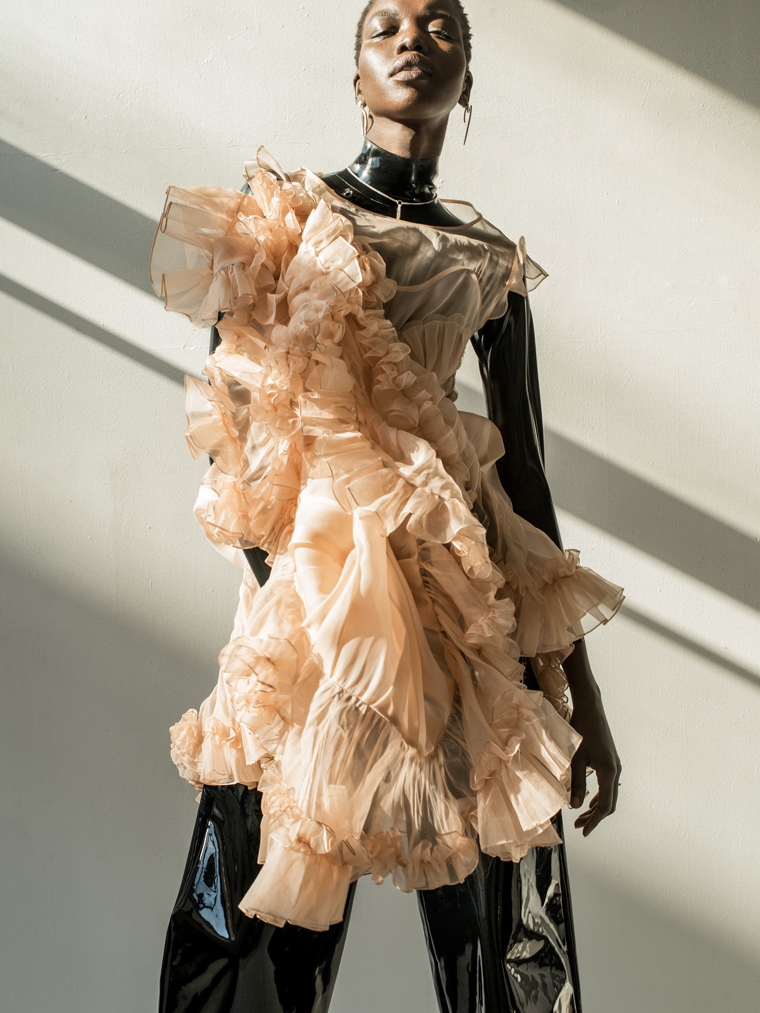 Copy of iris covet book fashion editorial kelsey randall peach silk organza mermaid seashell ruffle hem full skirt sheer dress
