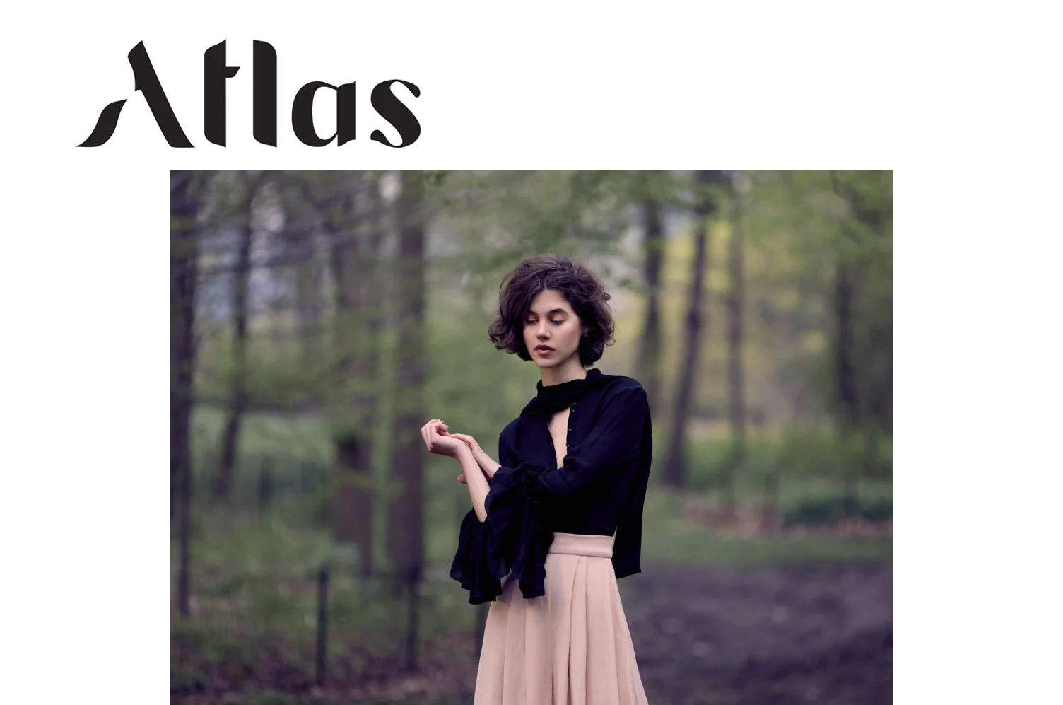 Atlas Magazine editorial fashion spread feature Kelsey Randall black silk crinkle chiffon blow pussy bow tie flounce sleeve made-to-measure custom bespoke luxury womenswear made in New York City NYC Brooklyn Bushwick handcrafted ethical sustainable emerging designer Photographer / Alicia Henderson Stylist / Alicia Santana MUA / Andy Calero Hair / Kazuto Shimomura Model / Georgia Grahm