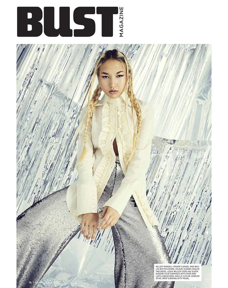 Bust Magazine Ones To Watch Kelsey Randall cream ruffle flannel button down blouse wide cuffs made-to-measure luxury womenswear L'KA emerging talent new models made in NYC New York City fashion design designers